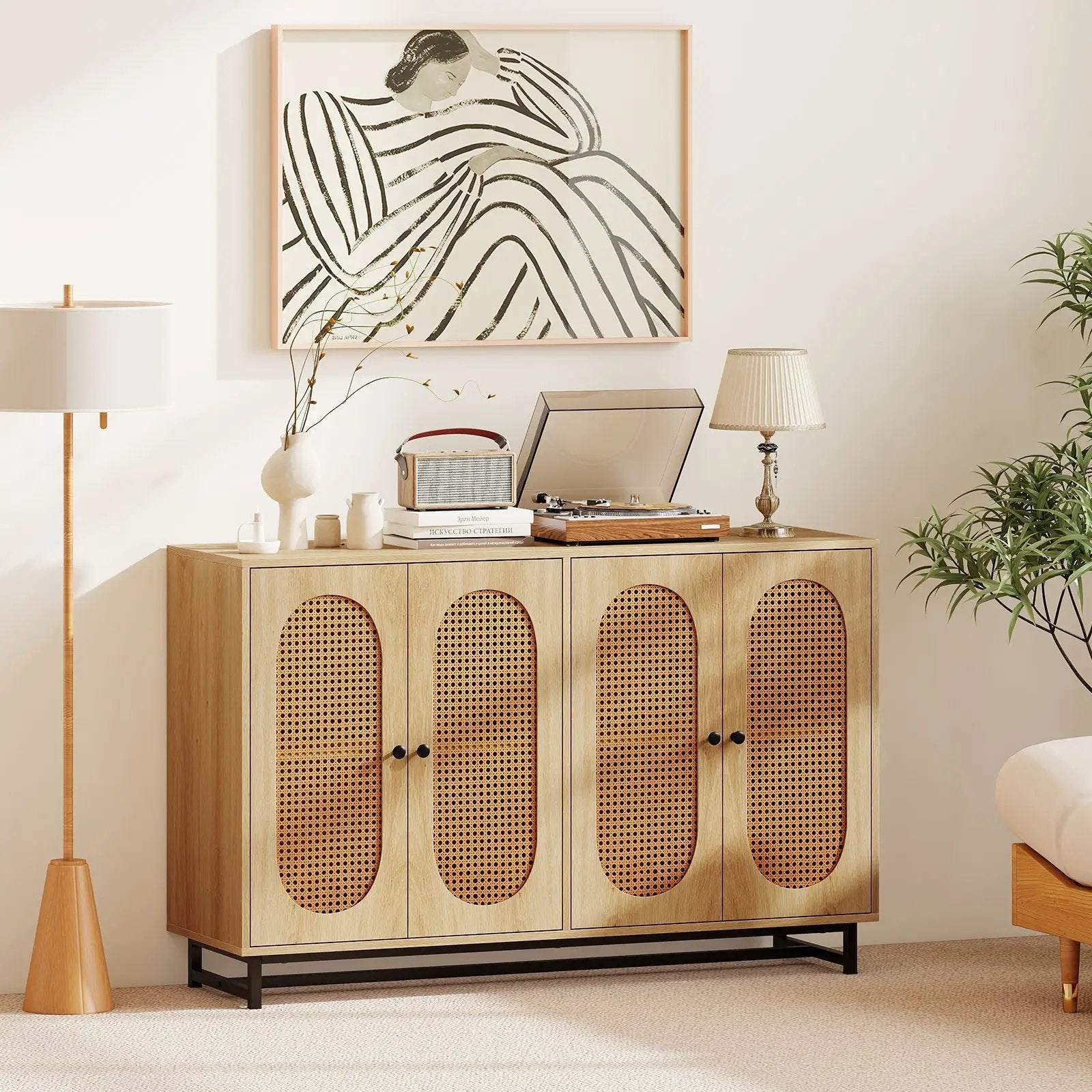 50 Inch Buffet Sideboard Cabinet with 4 Rattan Doors and Adjustable Shelves-Natural by DirectDeals
