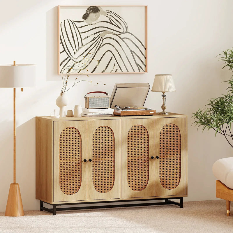 50 Inch Buffet Sideboard Cabinet with 4 Rattan Doors and Adjustable Shelves-Natural by DirectDeals
