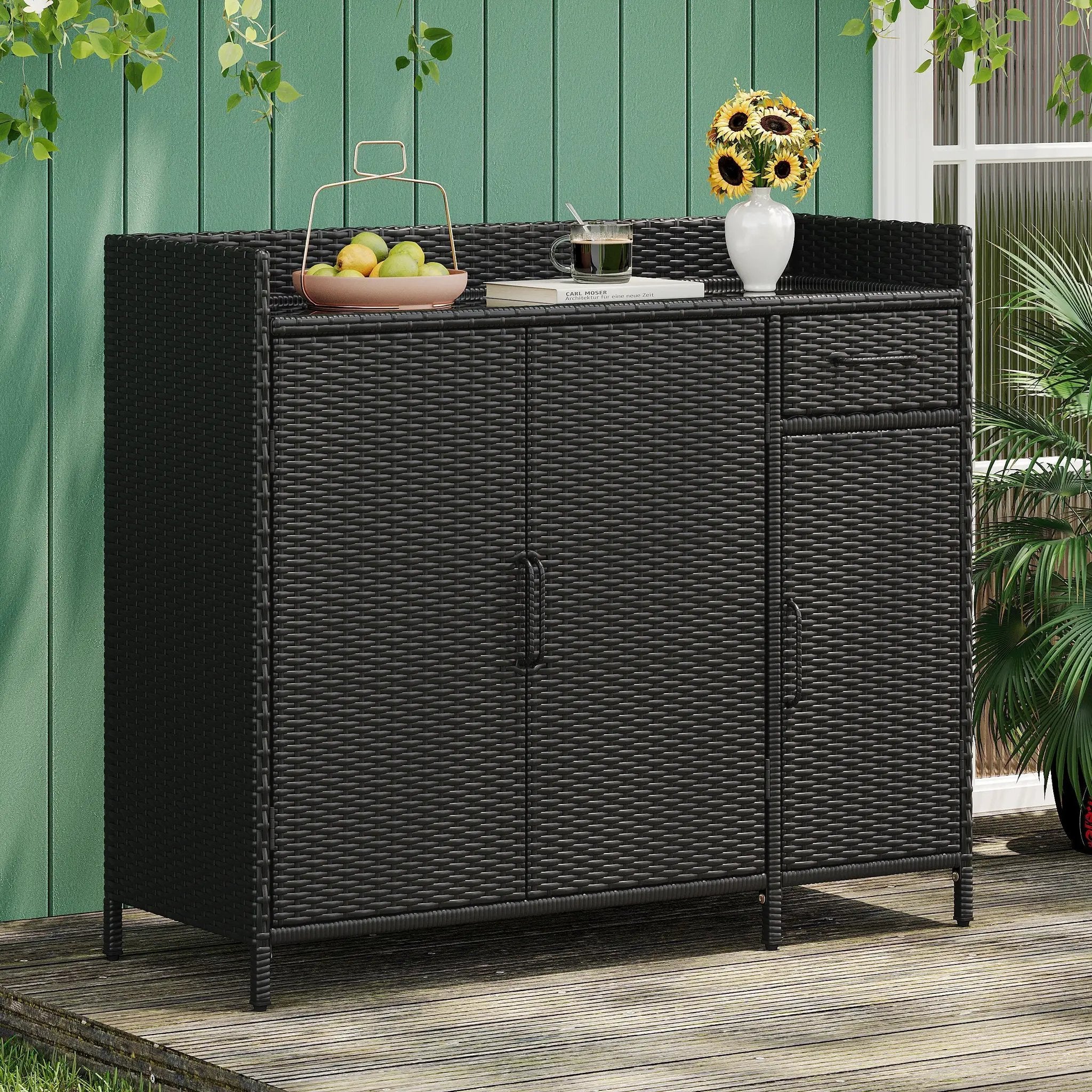 K&K 47.5"W Wicker Outdoor Storage Cabinet with Tempered Glass Top by HouseOfZazla