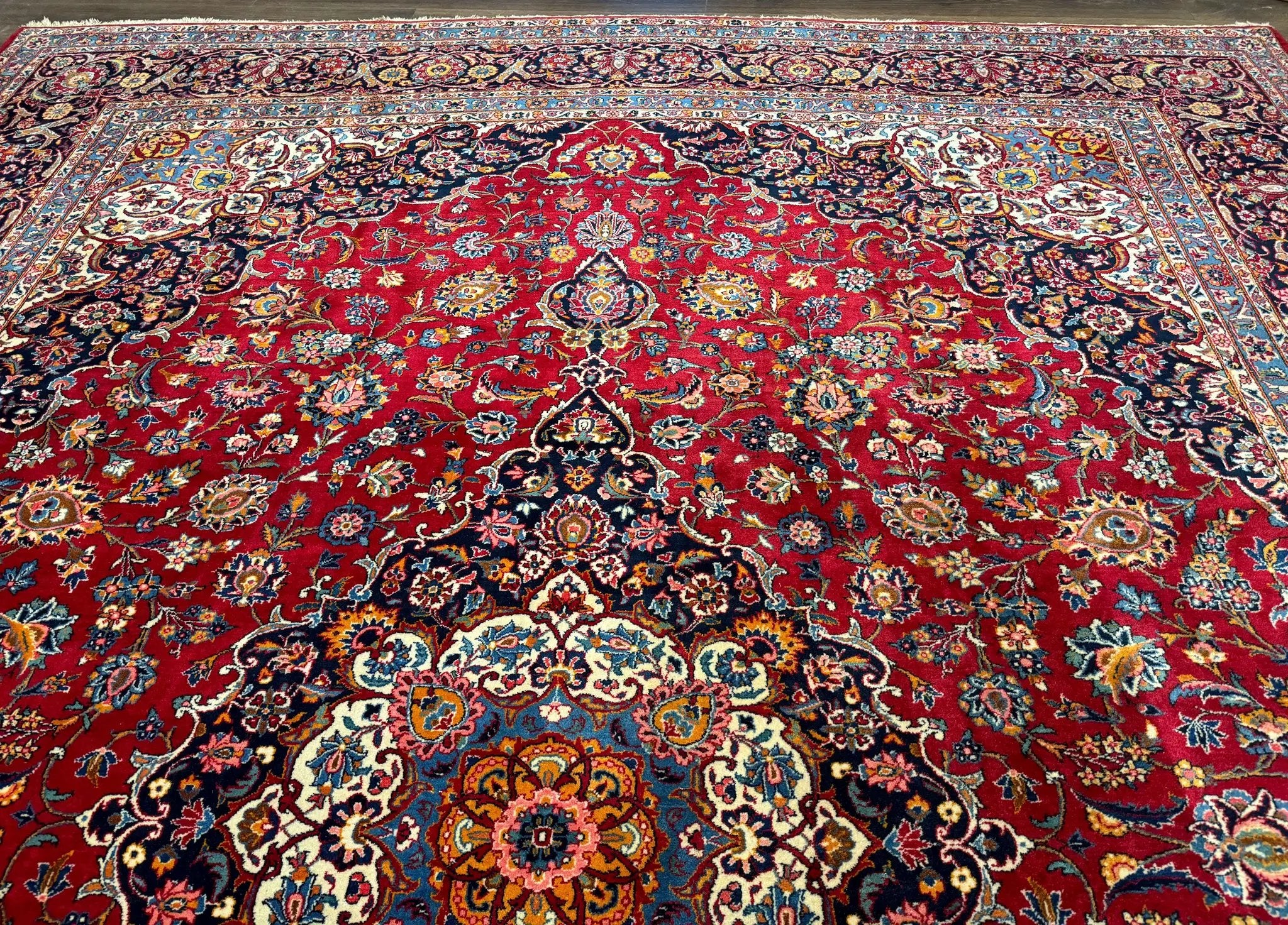 Large Persian Kashan Rug 11x14, Traditional Persian Carpet, Wool, Fine 250 KPSI, Red Navy Blue by Jewel Rugs