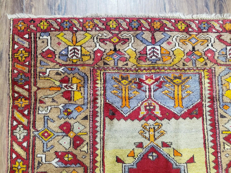 Antique Turkish Prayer Rug 3.8 x 5ft, Colorful Prayer Rug, Red Blue Gold Multicolor Turkish Anatolian Carpet, Handmade Hand-Knotted, Wool by Jewel Rugs