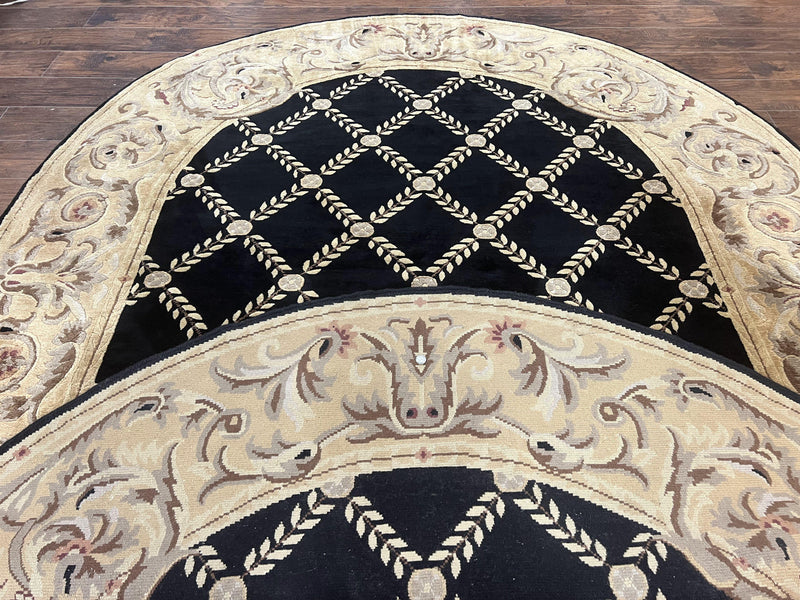 Oval Tibetan Rug 8x10, French Aubusson Design, Wool Handmade Vintage Carpet, Black & Beige, Soft Wool Pile by Jewel Rugs