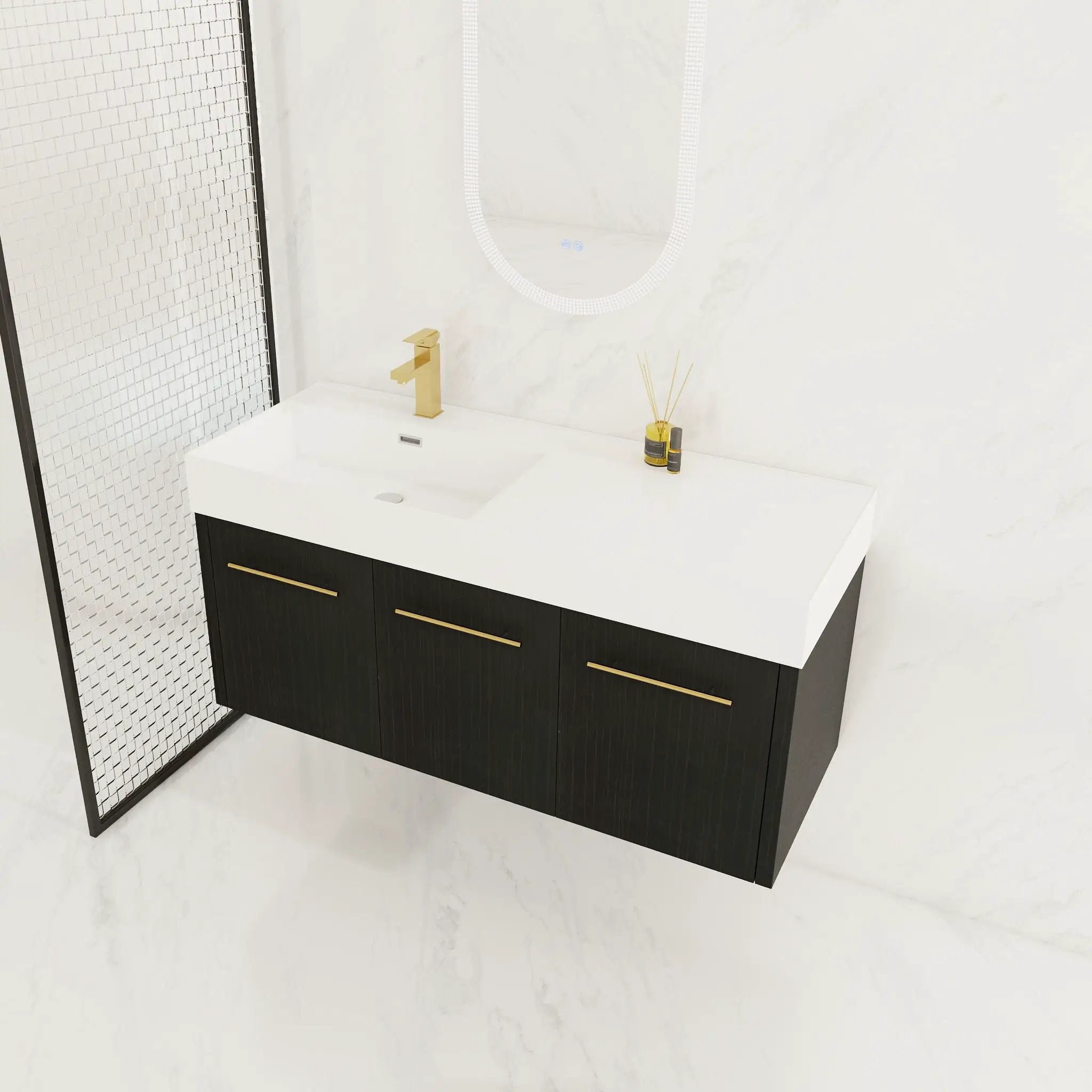 Contemporary 48" Wall Mounted Bathroom Vanity With Resin Sink And Soft Closing Doors And Line - Black Chestnut by HouseOfZazla