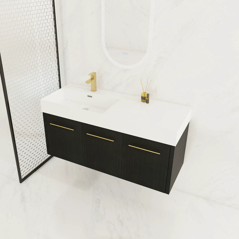 Contemporary 48" Wall Mounted Bathroom Vanity With Resin Sink And Soft Closing Doors And Line - Black Chestnut by HouseOfZazla
