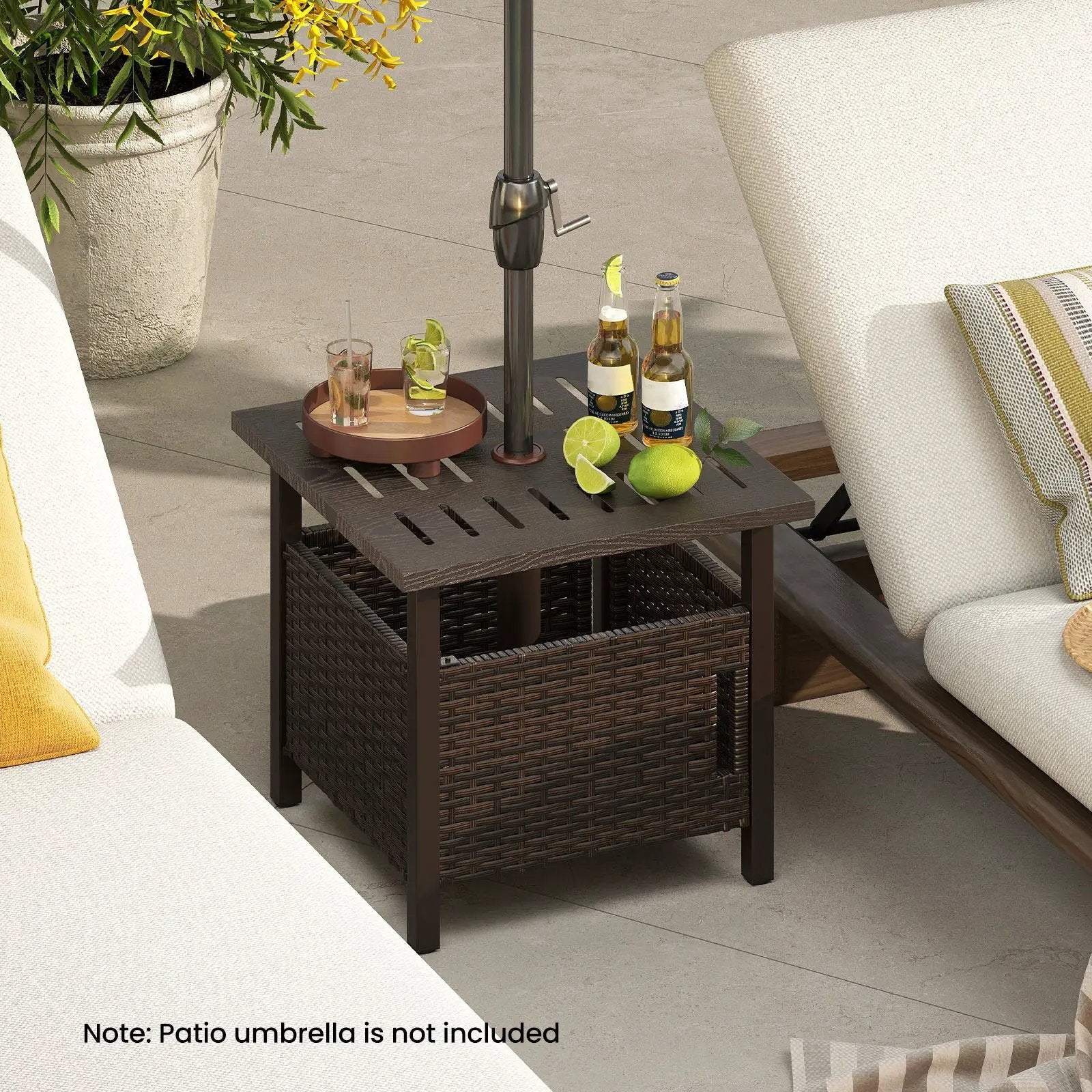 Outdoor Side Table with 1.93" Umbrella Hole All-Weather PE Wicker Patio Umbrella Table-Brown by DirectDeals
