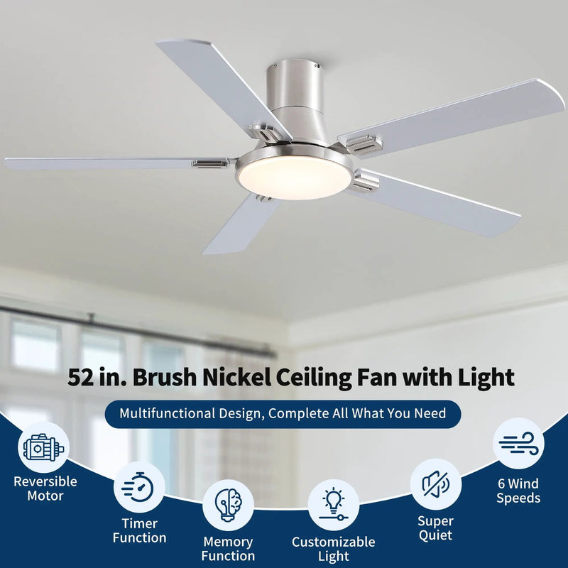 Flush Mount Ceiling Fans With LED Light And Remote Control, 5 Blades by HouseOfZazla
