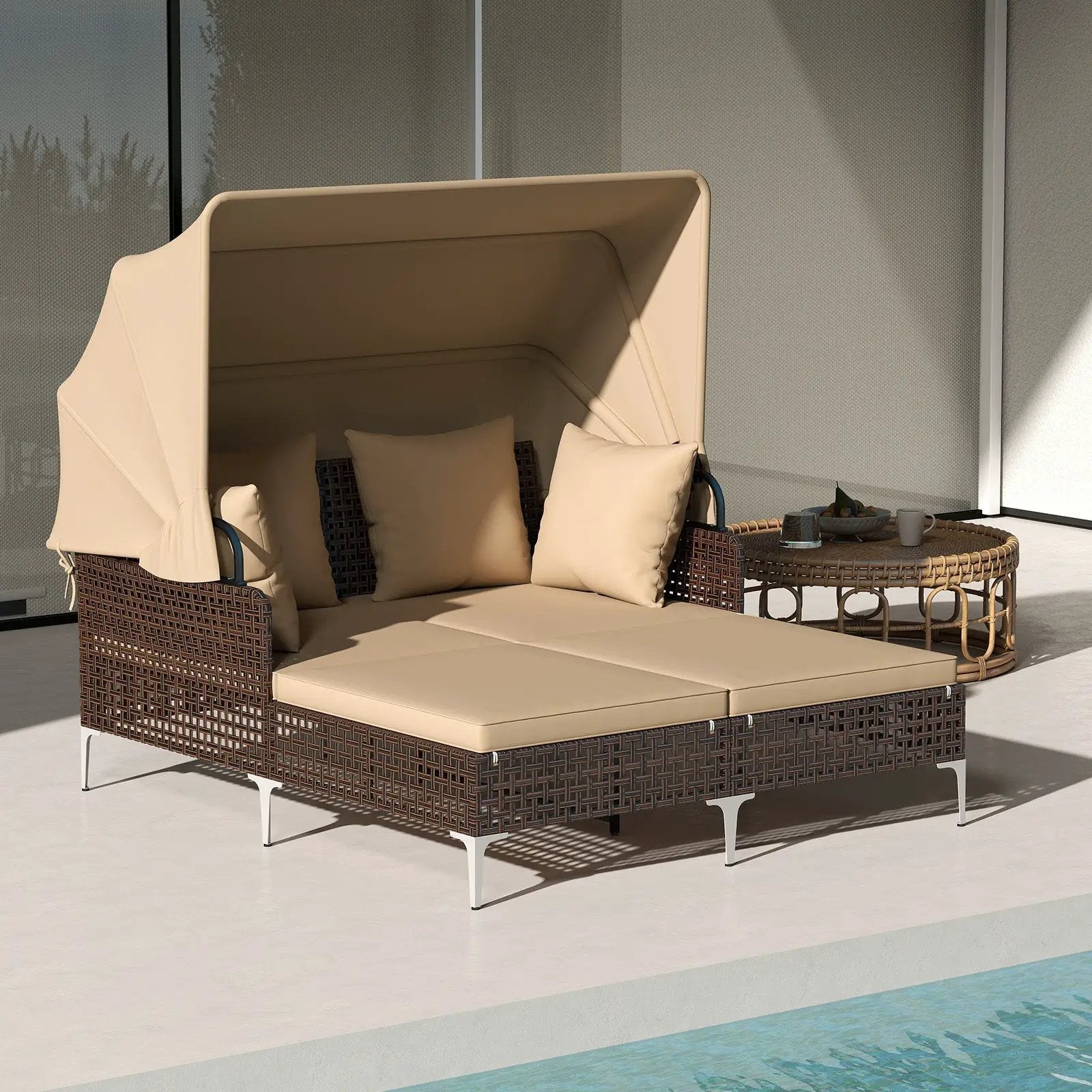 Outdoor Daybed with Retractable Canopy PE Wicker Rattan Patio Lounger by DirectDeals