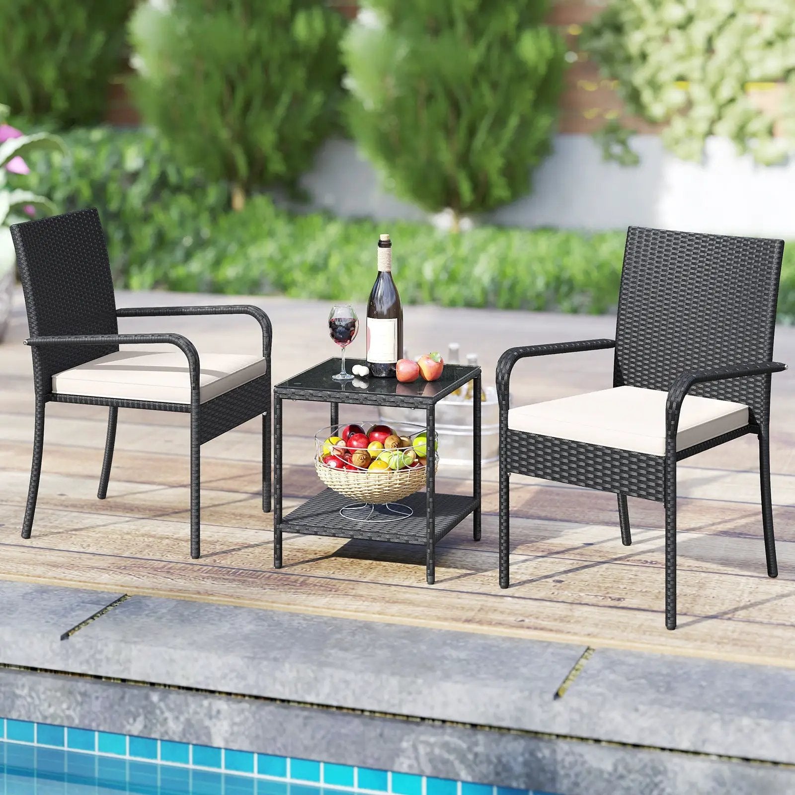 3 Piece Patio Furniture Set with Seat Cushions and Tempered Glass Tabletop by DirectDeals