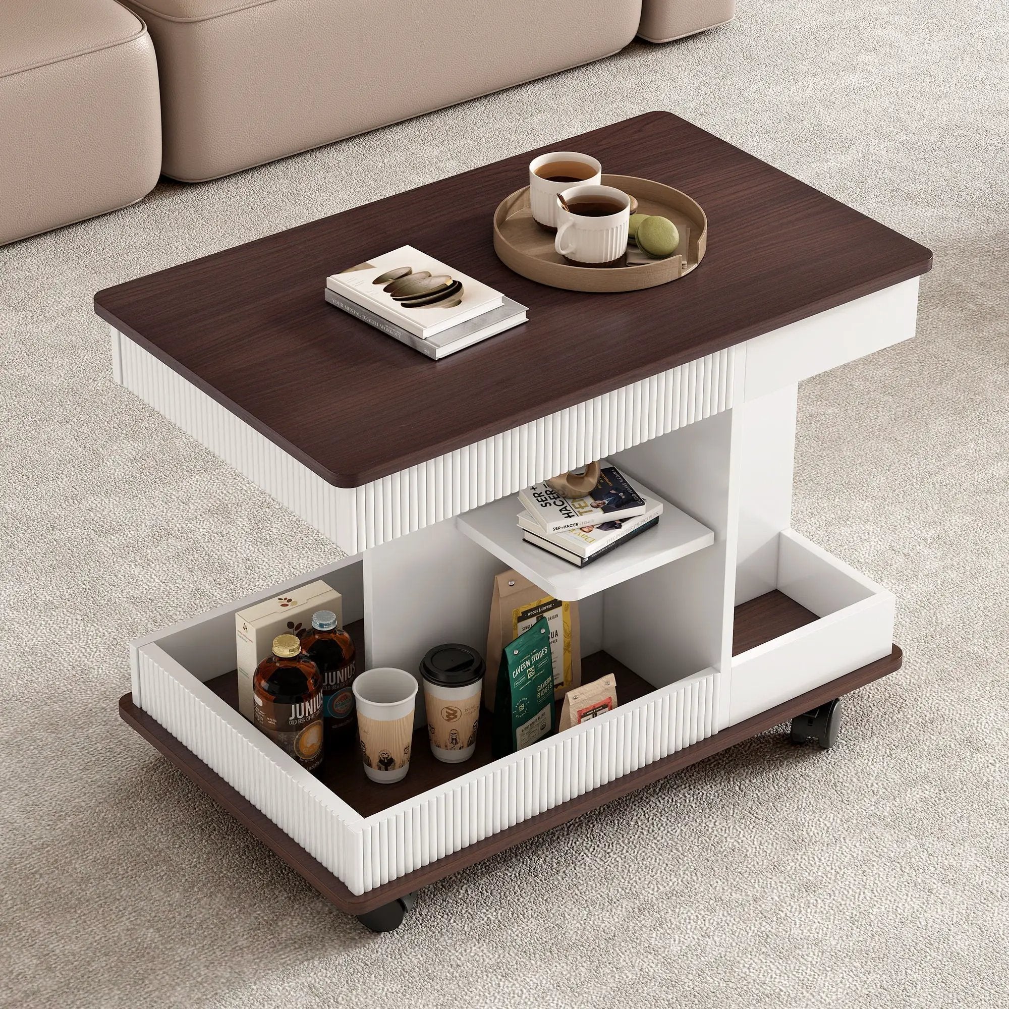 Adjustable End Table With Wheels, 360°Rotating Top And Storage Space by Unique Piece Furniture
