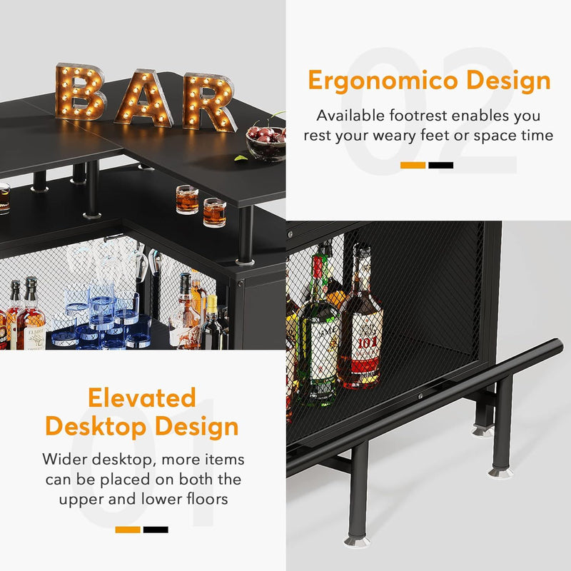 L Shaped Home Mini Bar Table With 2 Tier Shelves & Glass Racks - Black