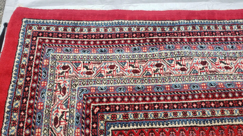 Persian Sarouk Mir Pattern, Red and Beige, Hand-Knotted, Wool, Paisley Boteh Design, 9'9" x 13', Semi Antique by Jewel Rugs