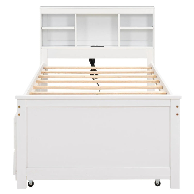 Platform Bed With Storage Headboard, USB, Trundle And 3 Drawers
