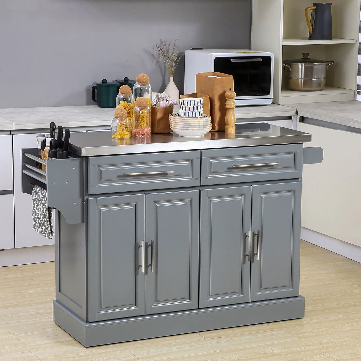 Homcom - Rolling Kitchen Island With Storage, Portable Kitchen Cart With Stainless Steel Top, 2 Drawers, Spice, Knife And Towel Rack And Cabinets by Unique Piece Furniture