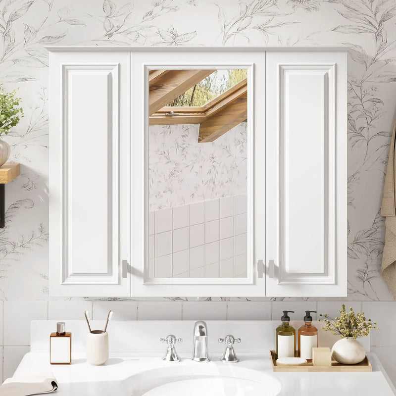 Wall Mounted Mirror Cabinet With 5 Adjustable Shelves, Rectangular Storage For Bathroom - White by Unique Piece Furniture