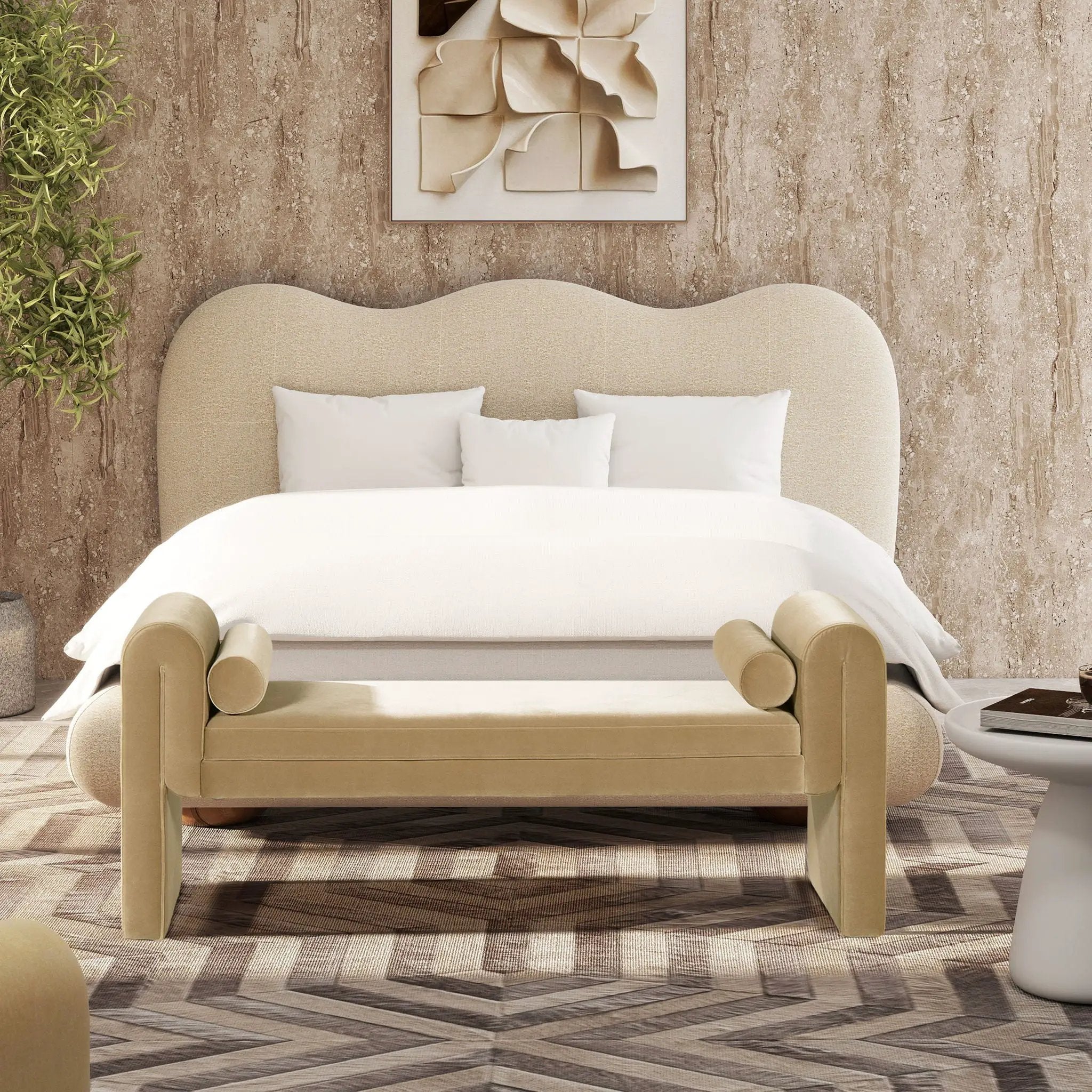 Mason - Arched Arm Bench With Bolster Pillows - Camel Brown Beige by Unique Piece Furniture