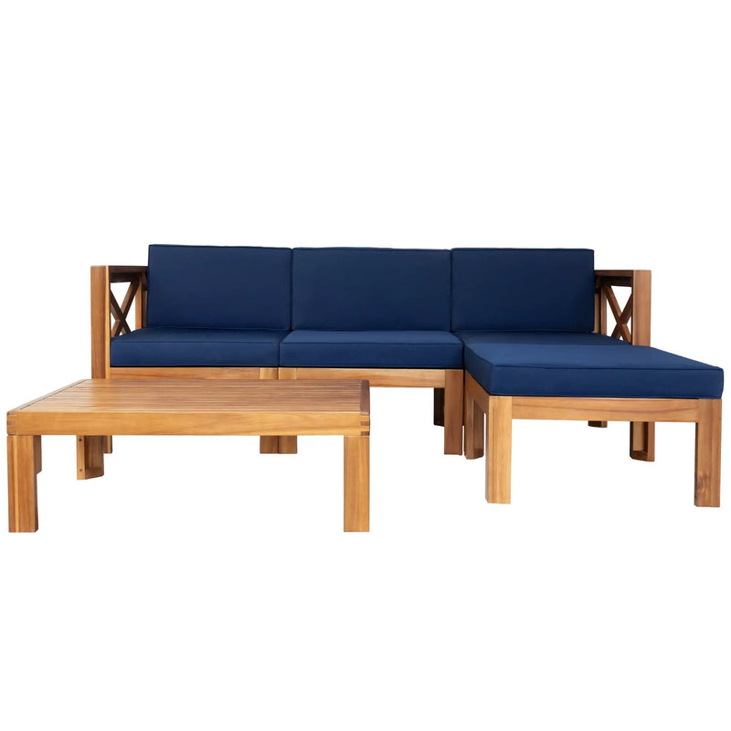 TOPMAX Outdoor 5-Piece Wood Sectional Patio Sofa Set with Blue Cushions by HouseOfZazla