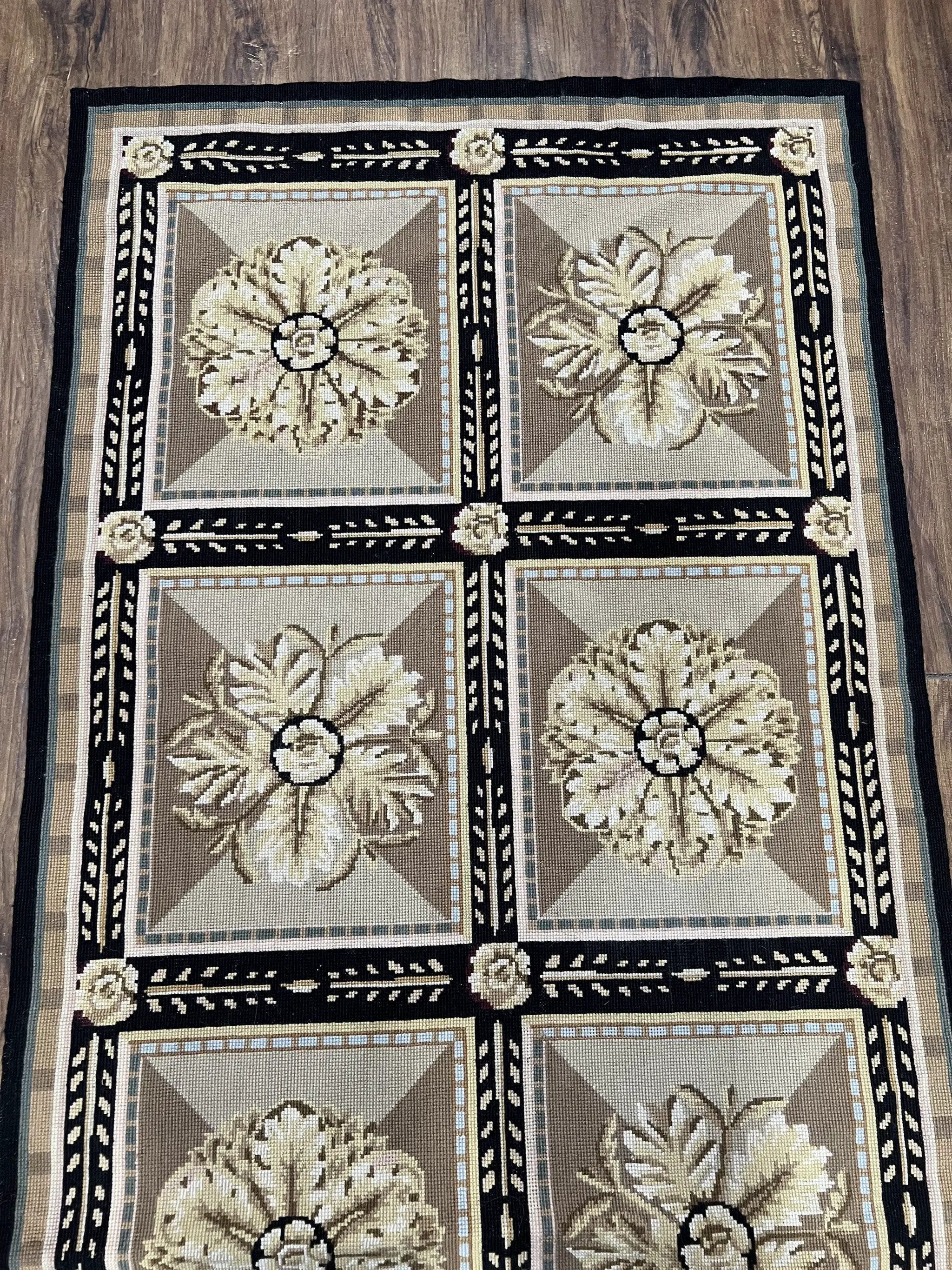 Needlepoint Runner Rug 3x8 Panel Design Rug, Flatweave Runner Rug, English Design, Floral, Short Runner Rug, Black and Beige Wool Hand-Woven by Jewel Rugs