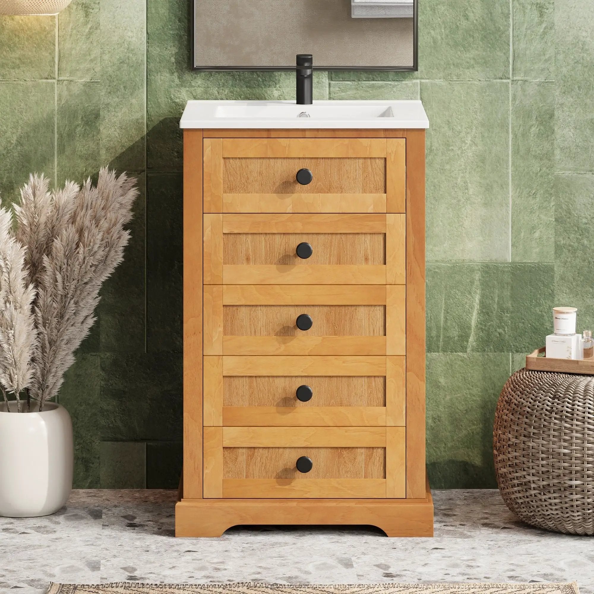 Bathroom Vanity With Integrated Sink, Soft-Closing Door - Natural Wood
