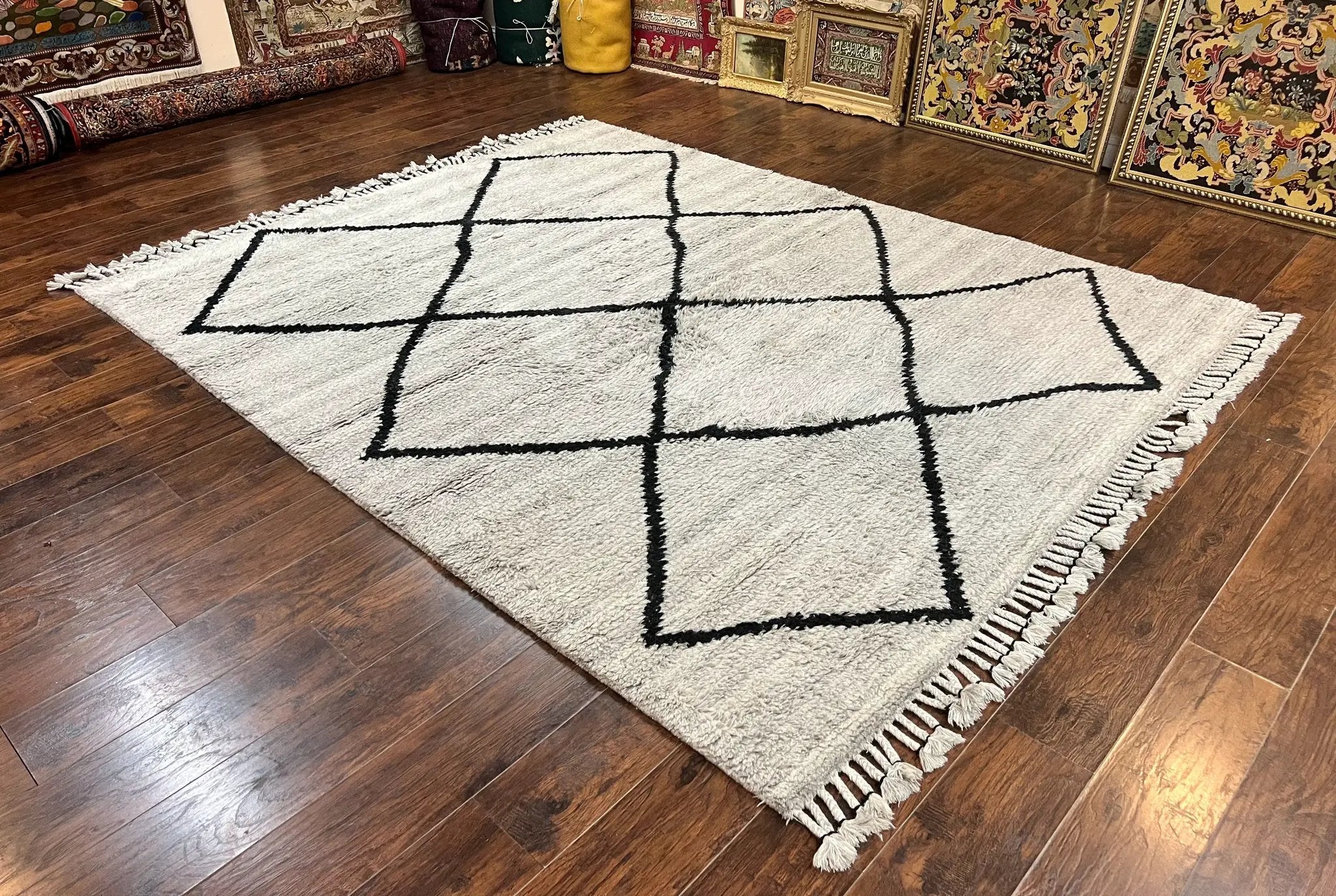 Modern Shag Rug 8x10, Gray and Black, Wool and Cotton, Lulu and Georgia, Handmade Indian Shag Rug by Jewel Rugs