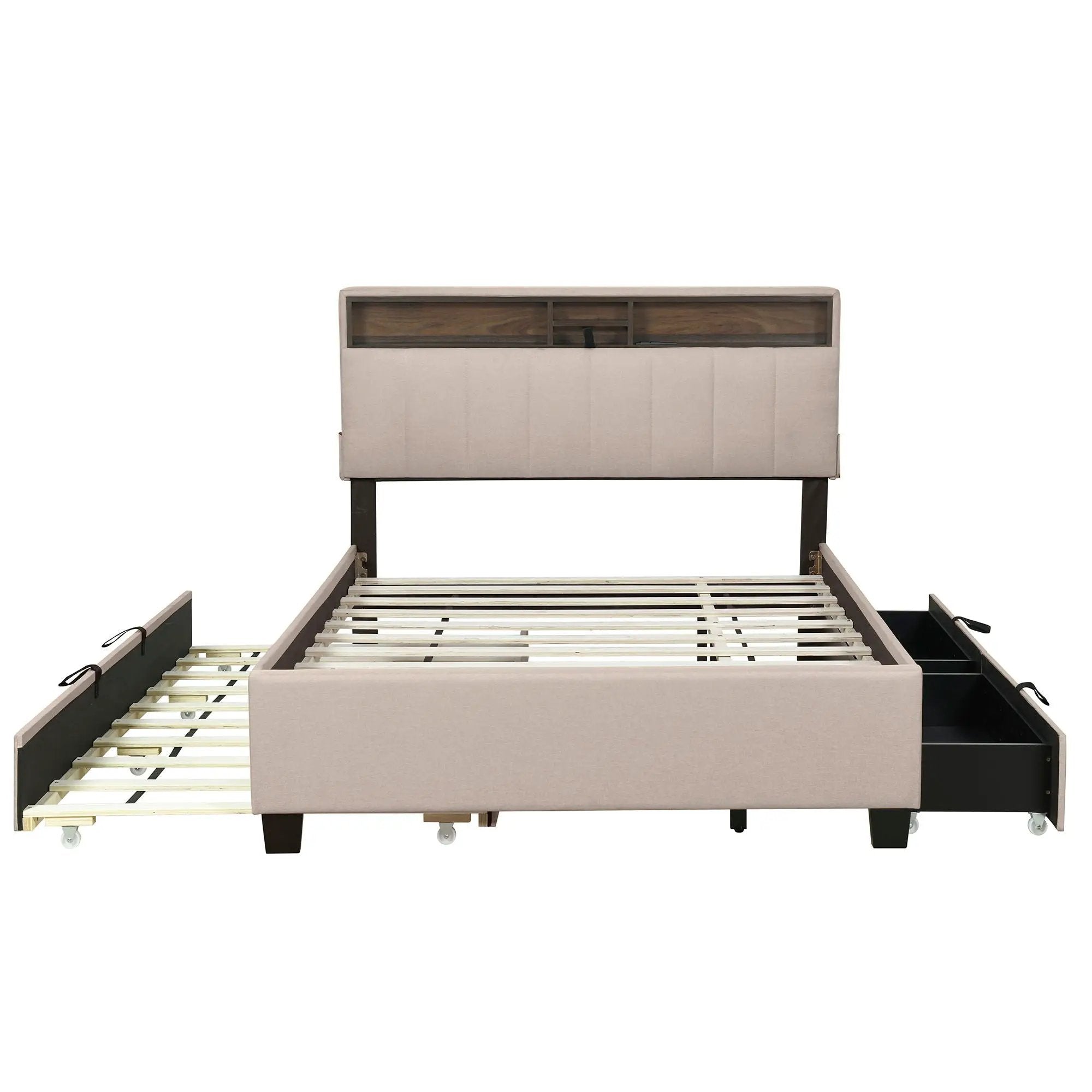 Upholstered Platform Bed With Storage Headboard, Trundle & 2 Drawers And A Set Of Sockets & USB Ports by Unique Piece Furniture