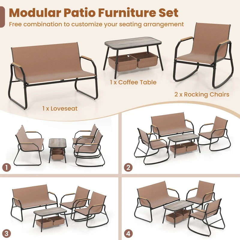 4 Pieces Patio Furniture Set with Rocking Bistro Chairs and Breathable Mesh Fabric-Coffee by DirectDeals