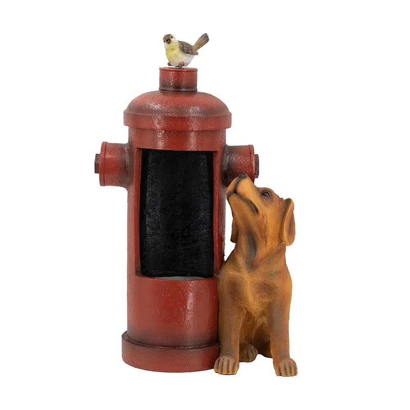 Red Fire Hydrant Water Fountain With Dog And Bird Accents, Outdoor Fountian With Light And Pump - Red / Light Brown by Unique Piece Furniture