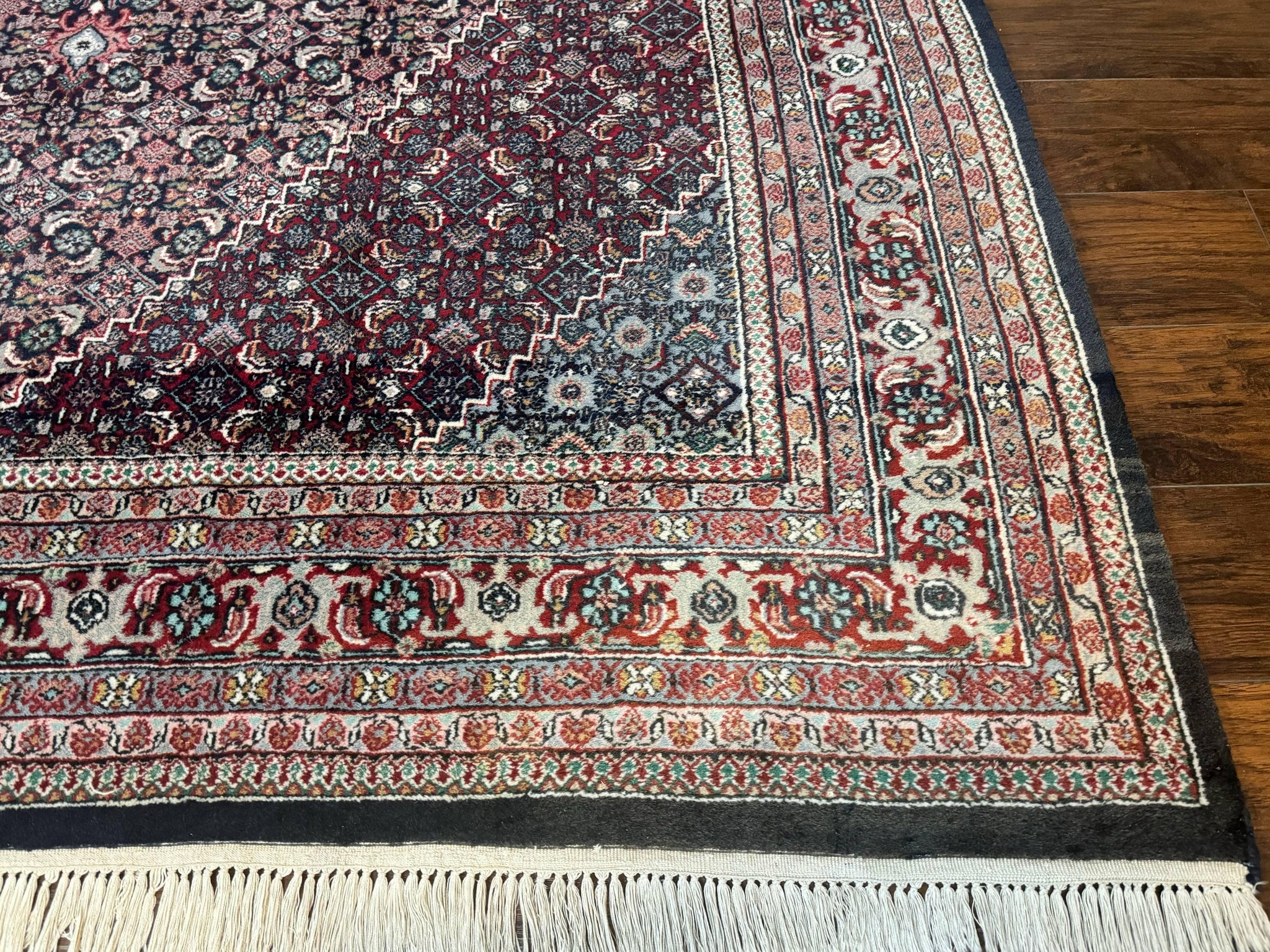 Indo Persian Bidjar Rug 8x11, Herati Mahi Pattern, Red Navy Blue, Handmade Vintage Wool Carpet by Jewel Rugs