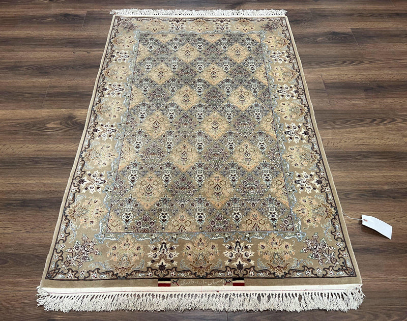 Super Fine Persian Isfahan Rug 3x5 ft, Kork Wool on Silk Foundation, Repeated Floral Motif, Taupe Tan Hand Knotted Oriental Carpet 3 x 5 ft, Signed by Jewel Rugs