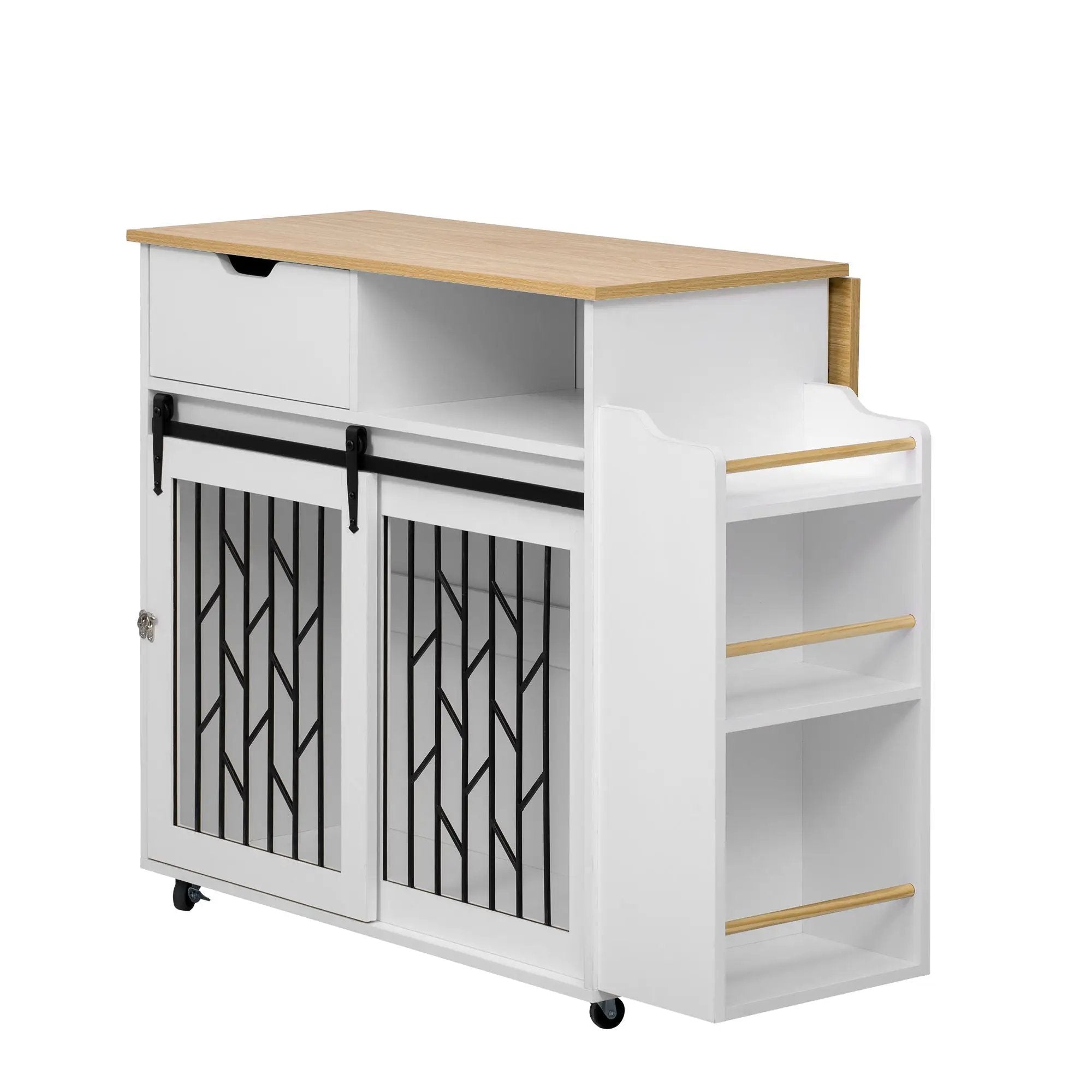 Modern Style 2 In 1 Pet Friendly Dog Crate Kitchen Island End Table Metal Pine - Natural / White by HouseOfZazla
