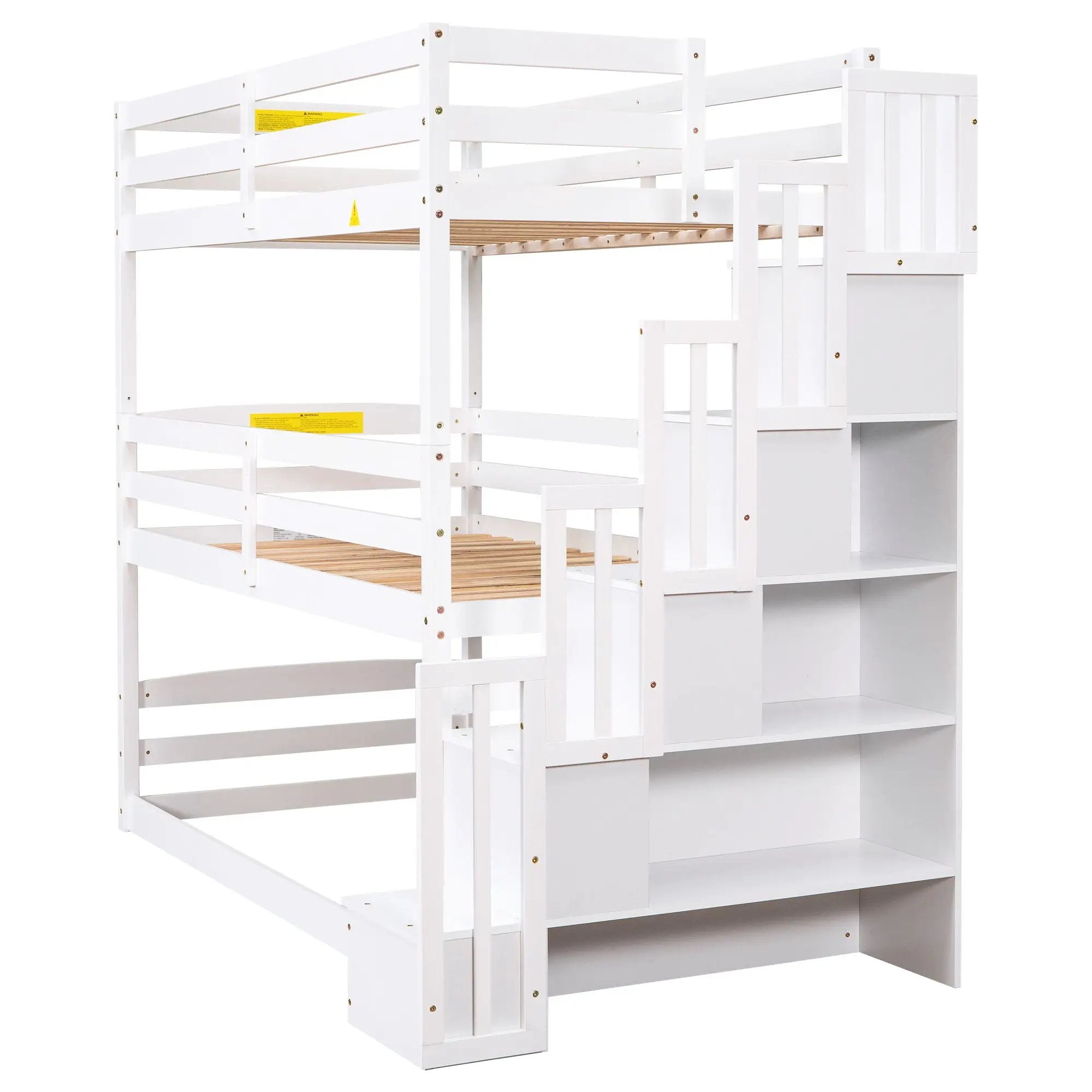 Twin Size Triple Bunk Bed With Storage Staircase, Separate Design - White by HouseOfZazla