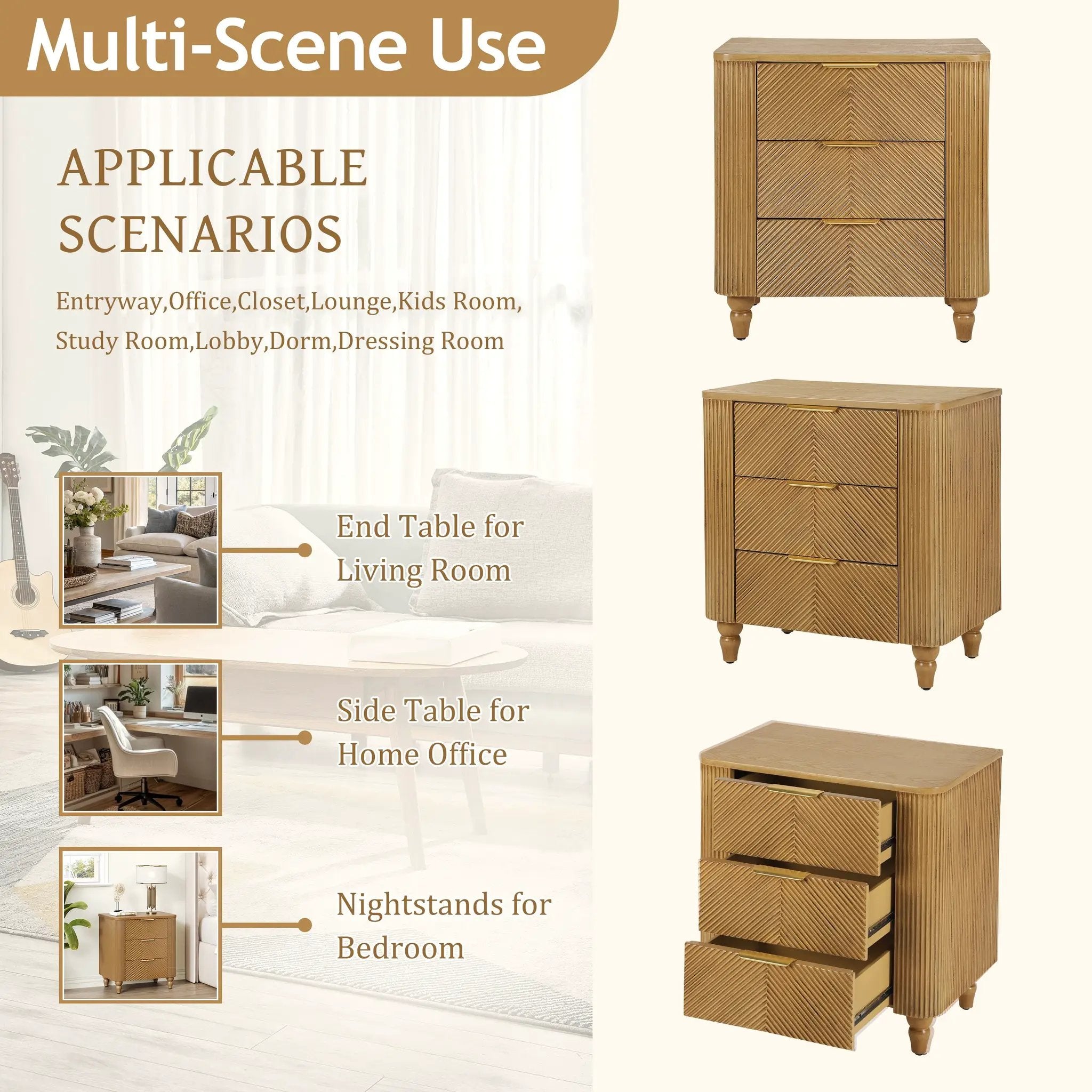Mid-Century Fluted 3 Drawers Nightstand, Bedside Table with Curved Profile Design and Wide by HouseOfZazla