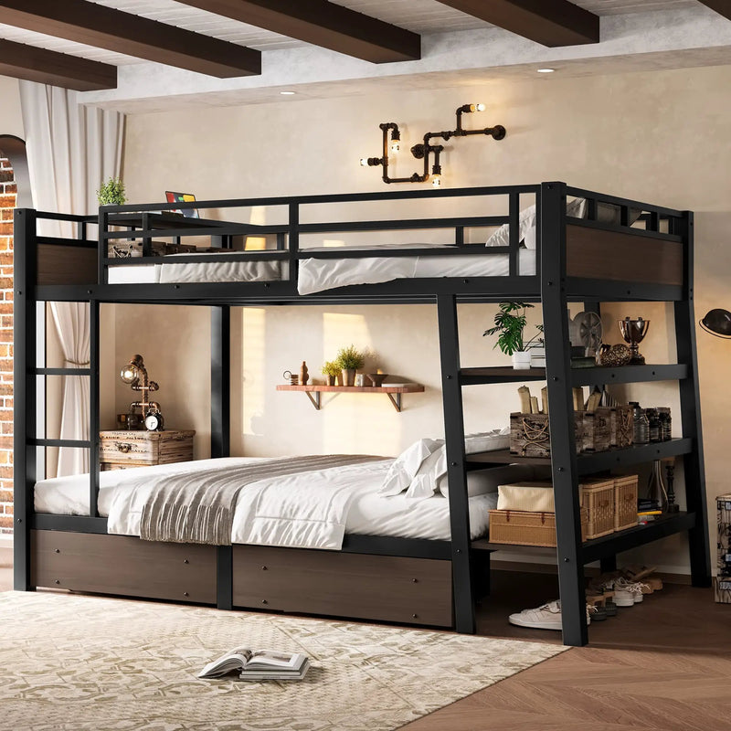 Full Size Metal Bunk Bed with Storage Shelves and USB Power Strip by HouseOfZazla
