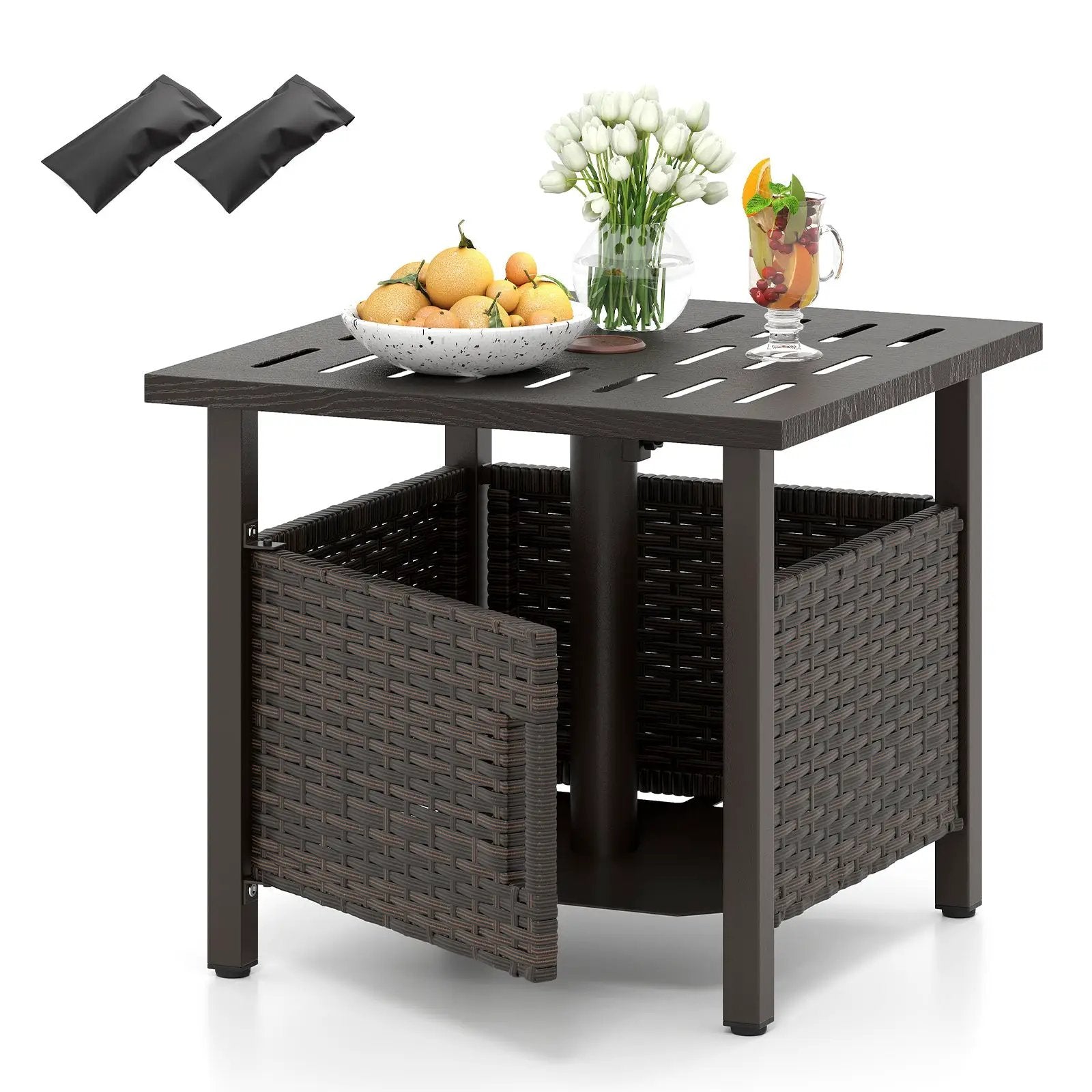 Outdoor Side Table with 1.93" Umbrella Hole All-Weather PE Wicker Patio Umbrella Table-Brown by DirectDeals