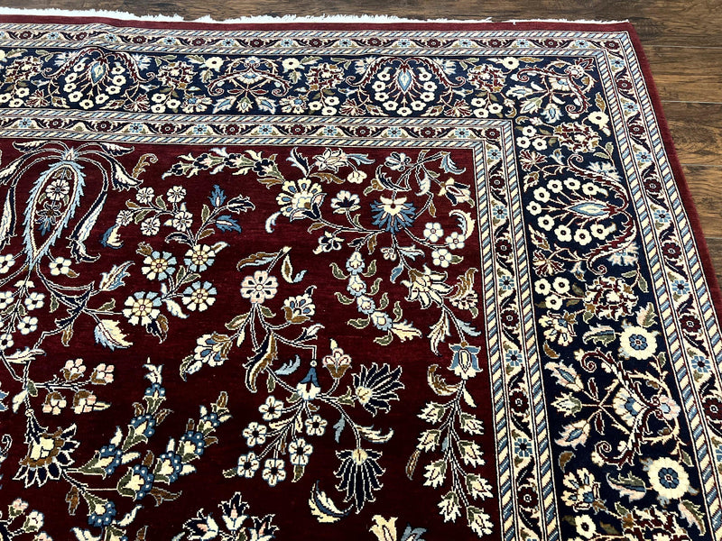 Indo Persian Sarouk Rug 9x12, Floral Allover, Dark Red & Navy Blue, Handmade Vintage Wool Carpet by Jewel Rugs