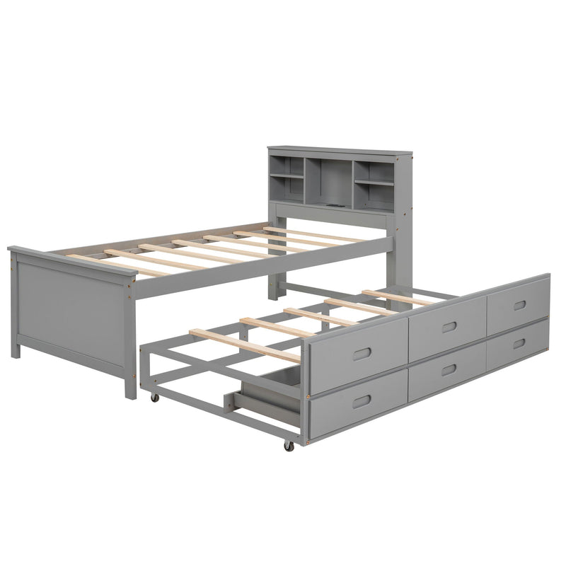 Platform Bed With Storage Headboard, USB, Trundle And 3 Drawers