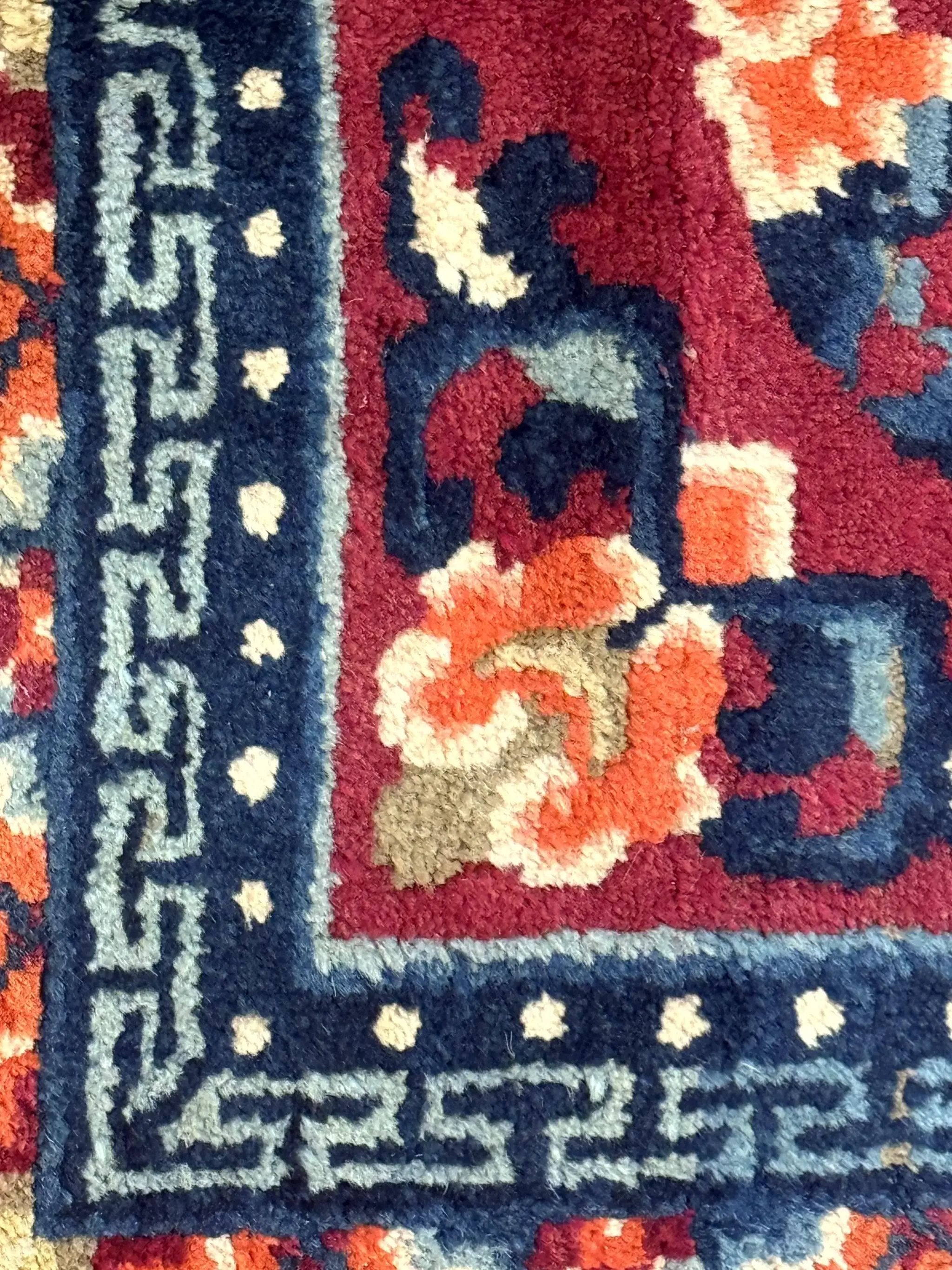 Small Antique Chinese Square Rug 2x3, Tibetan Rug, Red Orange Blue, 1920s Rug by Jewel Rugs