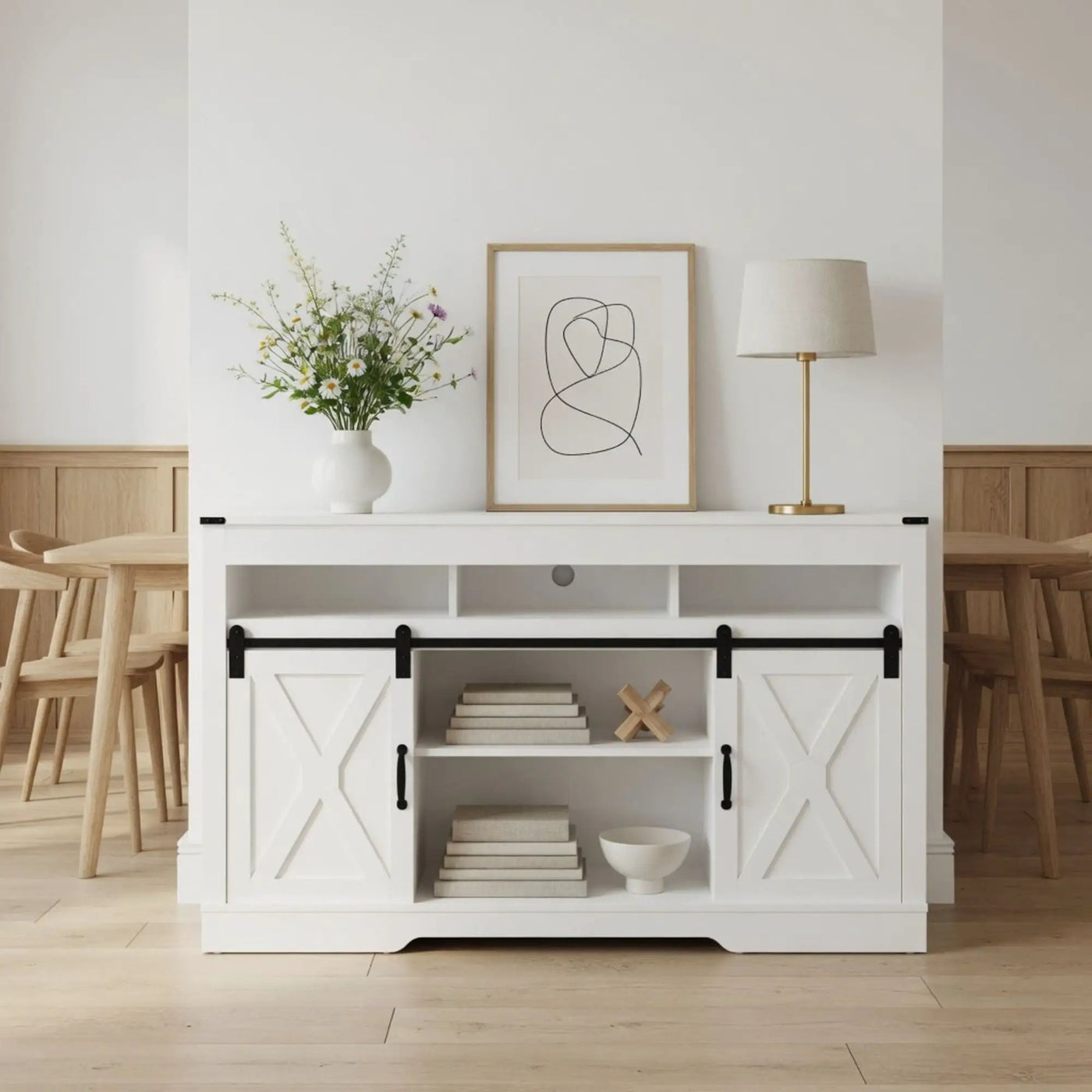 Farmhouse TV Stand With Sliding Barn Doors & Adjustable Storage by HouseOfZazla