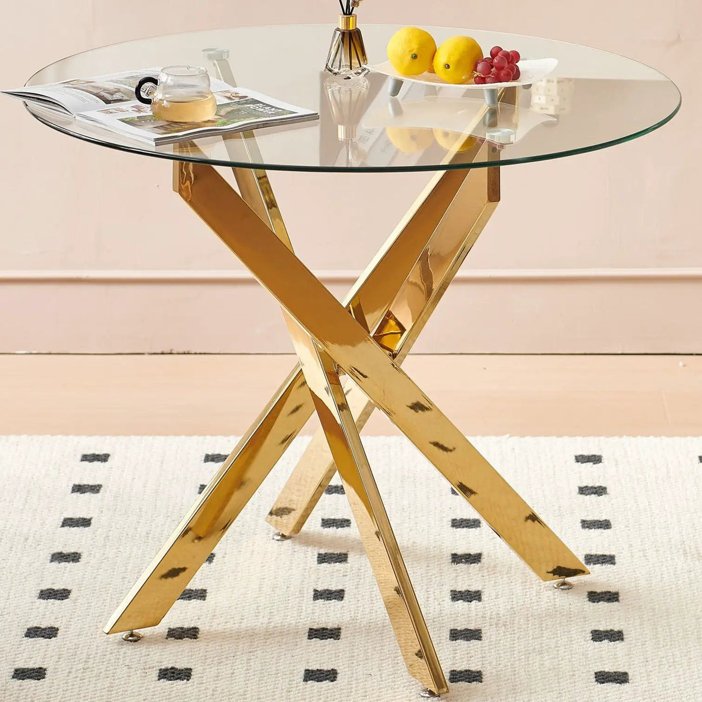 Dining Table With Cross Metal Leg And Tempered Glass, Modern Space Saving Kitchen Table For Living Room by Unique Piece Furniture