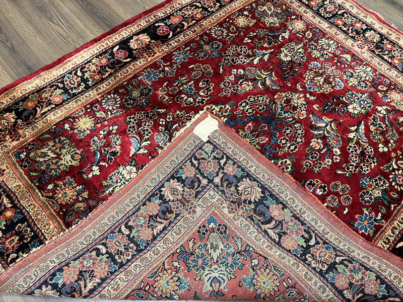 Persian Sarouk Rug 5x6, Hand Knotted Antique 1920s Sarouk, Red Navy Blue by Jewel Rugs