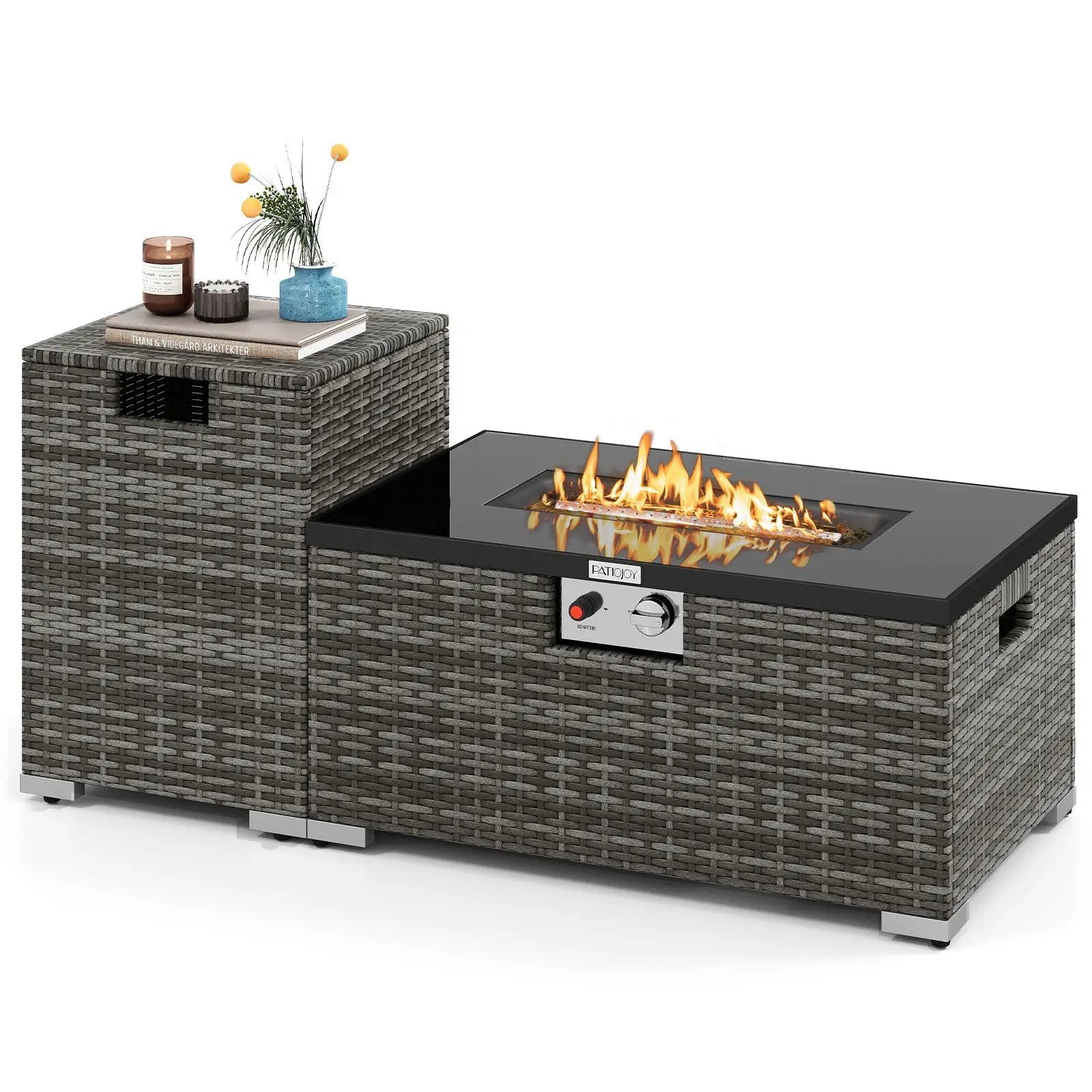 2-Piece Outdoor Rattan Fire Table Set 32 Inch Rectangle Gas Firepit with Tank Cover by DirectDeals