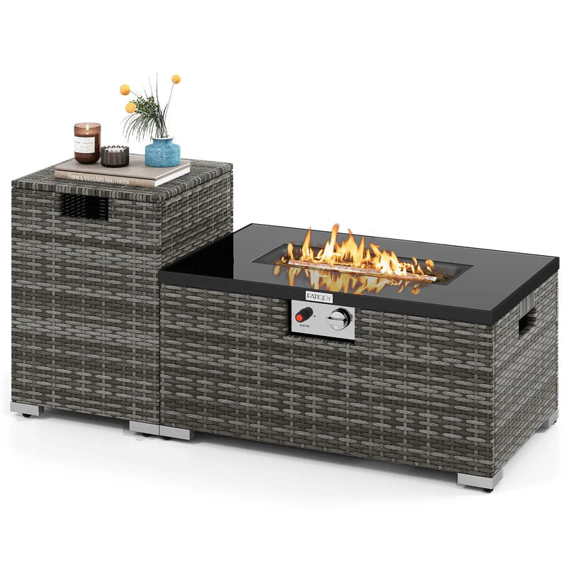 2-Piece Outdoor Rattan Fire Table Set 32 Inch Rectangle Gas Firepit with Tank Cover by DirectDeals