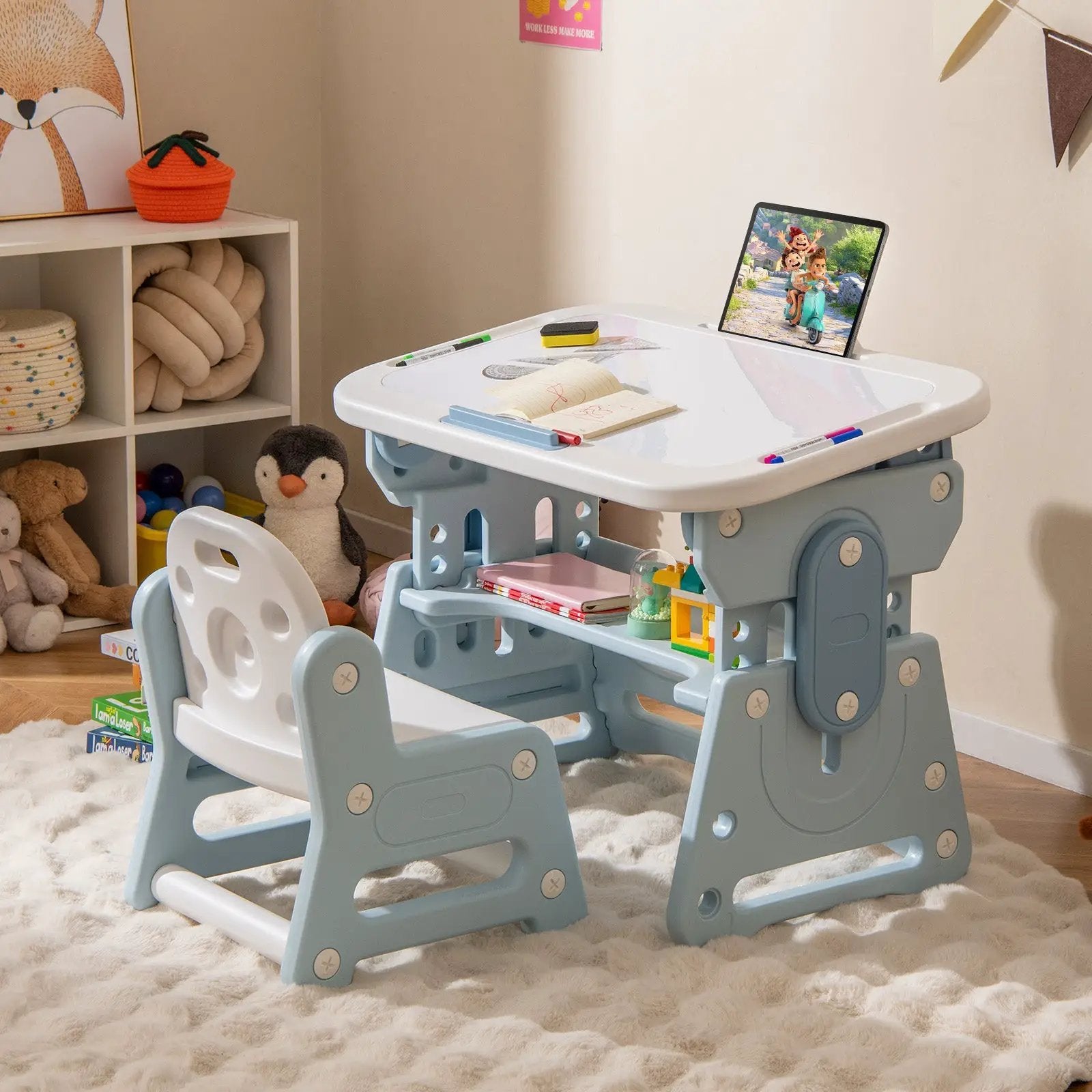 Height Adjustable Kids Table and Chair Set with Tiltable Whiteboard and Concave Shelf by DirectDeals