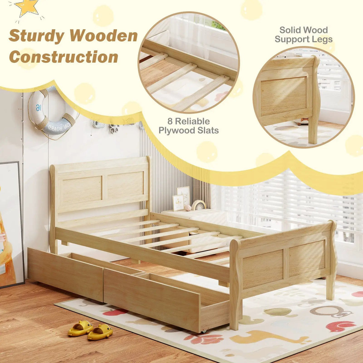 Twin Size Sleigh Bed with 2 Storage Drawers Wood Platform Bed Frame, photo 21 of 24