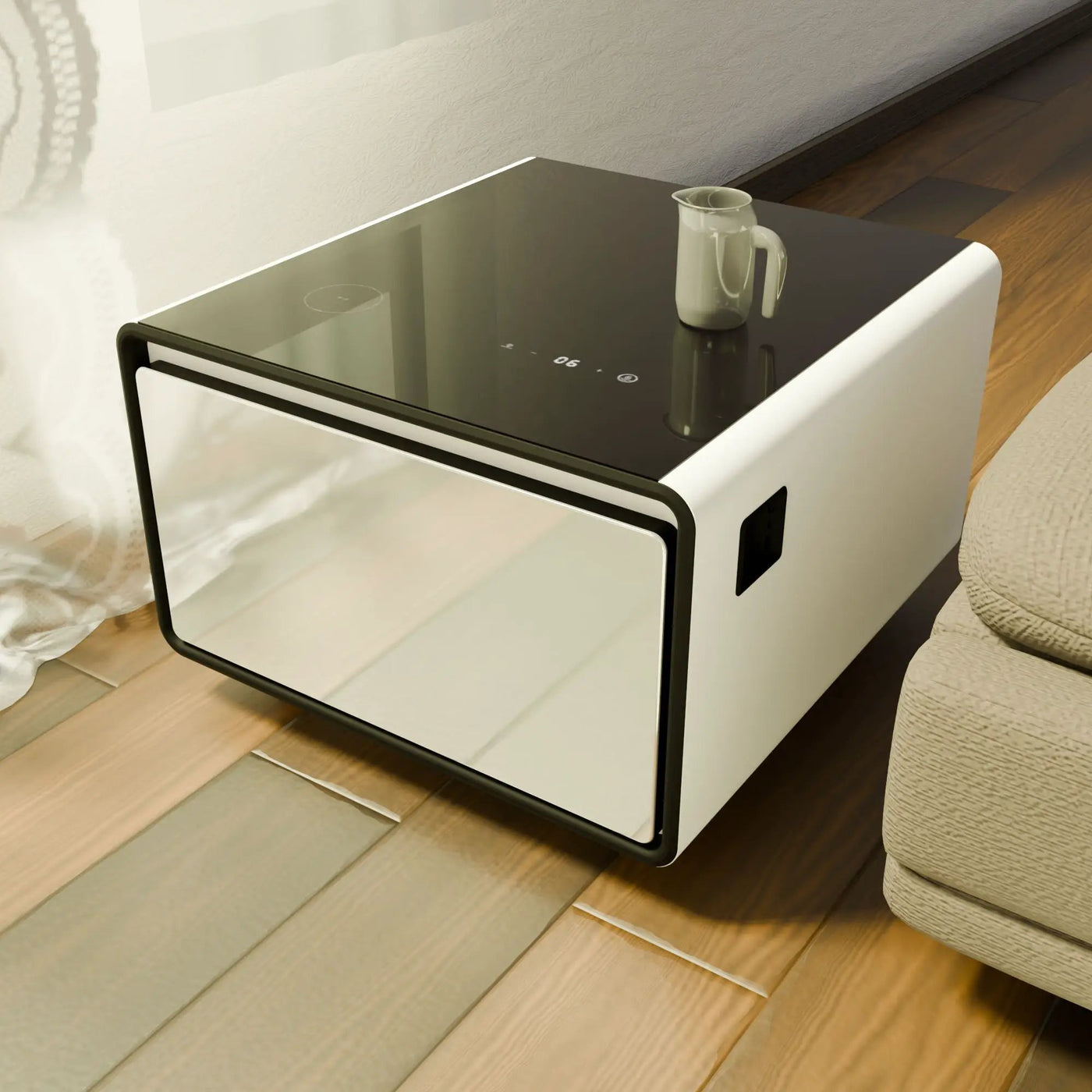 Modern Smart Side Table With Built-In Fridge, Wireless Charging, Temperature Control, Power Socket, USB Ports, Outlet Protection, Induction Light by HouseOfZazla
