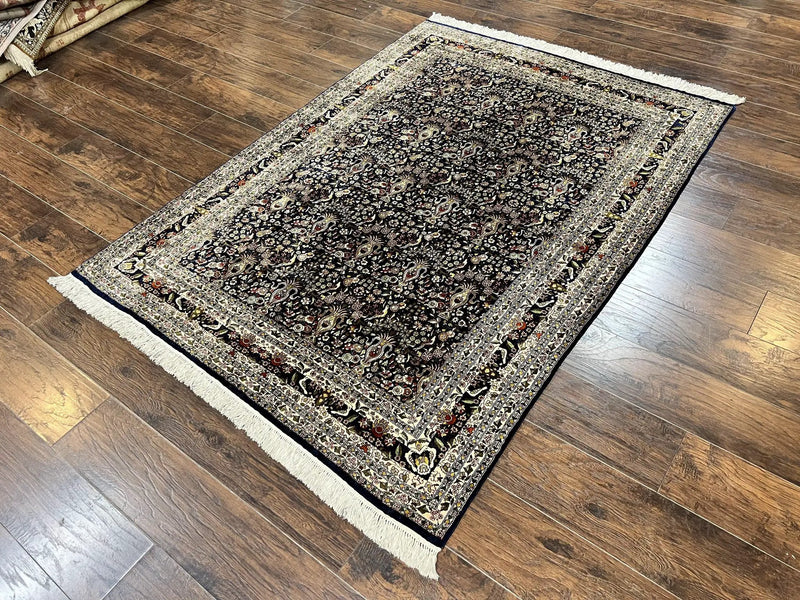 Silk Indian Kashmiri Rug 5x7, Navy Blue Indo Persian Silk Carpet 5 x 7 ft, Hand Knotted Handmade Very Fine Oriental Carpet, 450 KPSI, Birds by Jewel Rugs