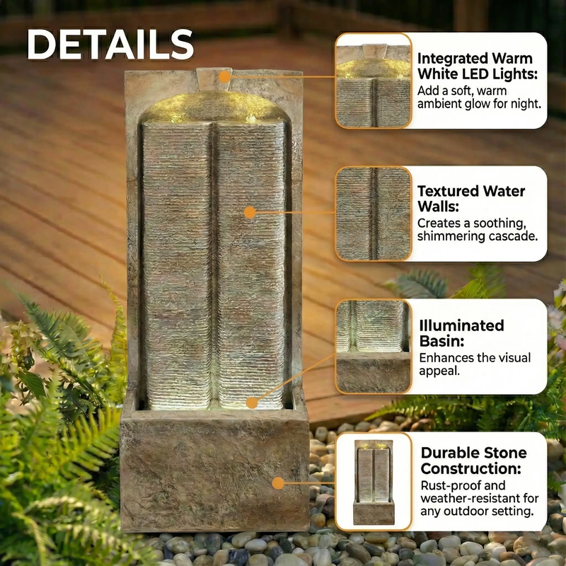 39 Inch Outdoor Water Fountain with Pump and LED Lights by HouseOfZazla