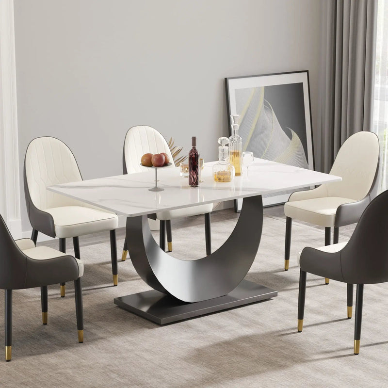63" Modern Artificial Stone Crescent-Shaped Metal Legs, Can Accommodate 6-8 People - White / Black by HouseOfZazla