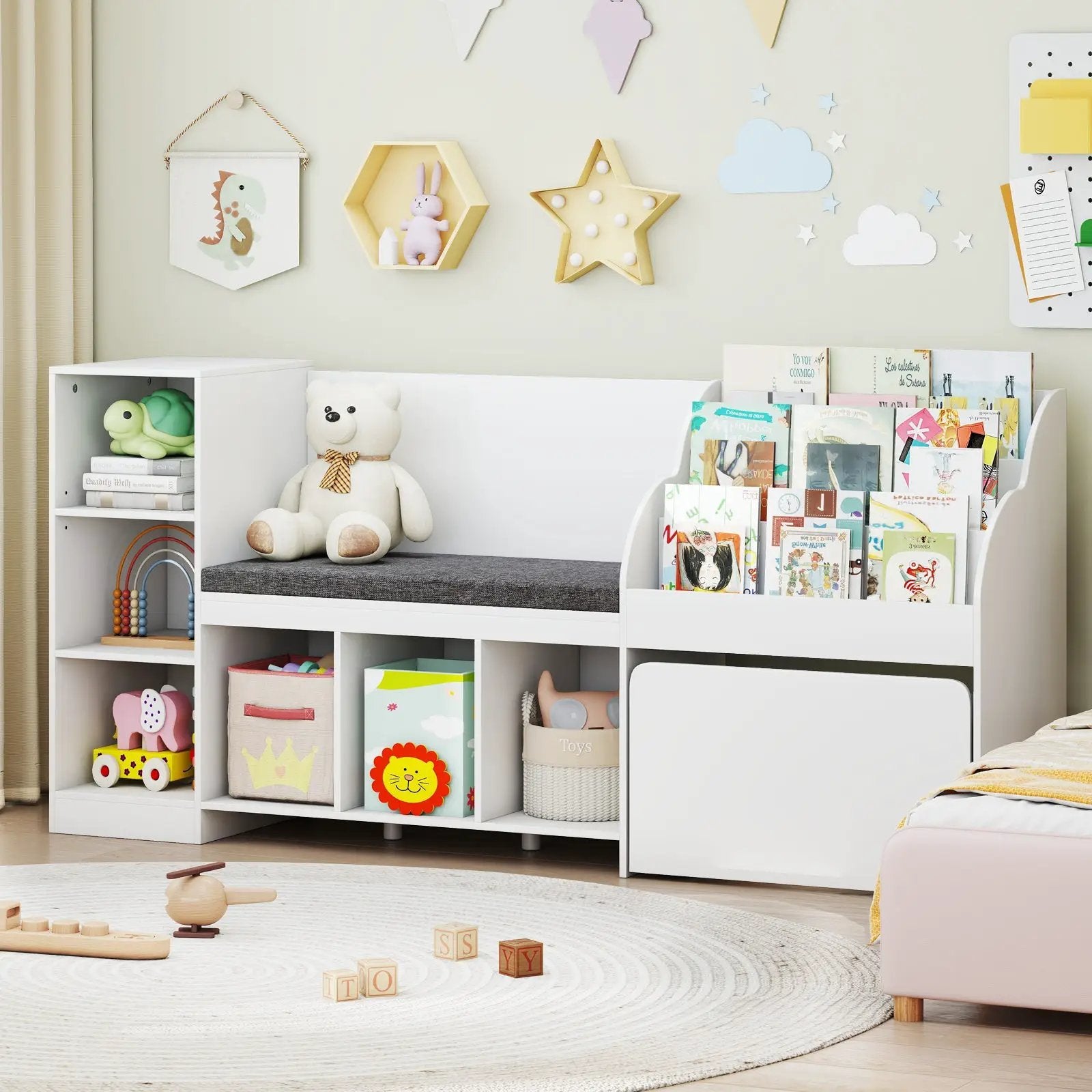 Kids Bookcase with Reading Nook 4-in-1 Standing Toy Organizer-White by DirectDeals