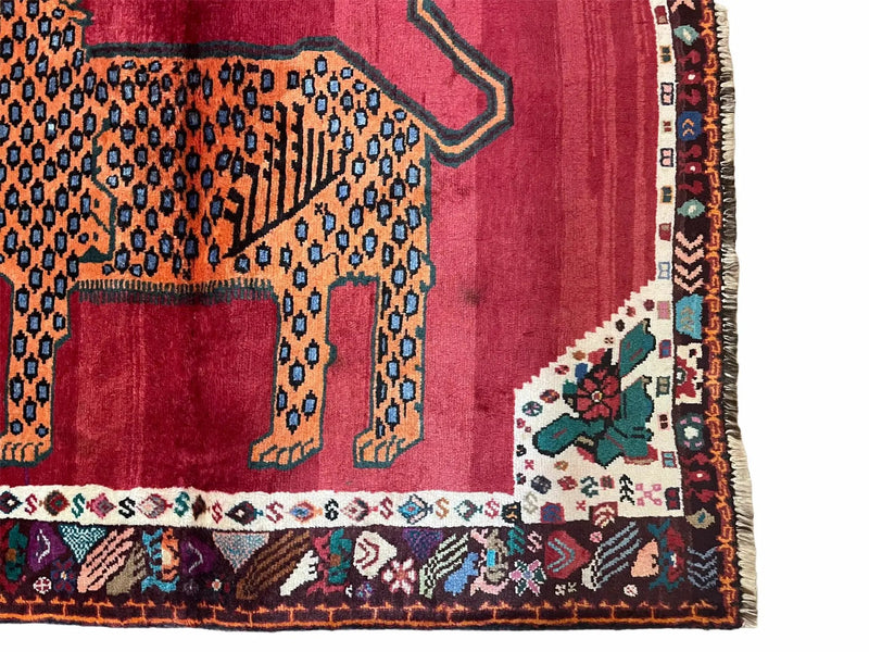 Antique Persian Gabbeh Wool Rug 4x5, Lion Pictorial Rug, Red Orange Black, Hand Knotted Handmade Vintage Gabbeh Carpet 4 x 5 ft, Tribal Rug by Jewel Rugs