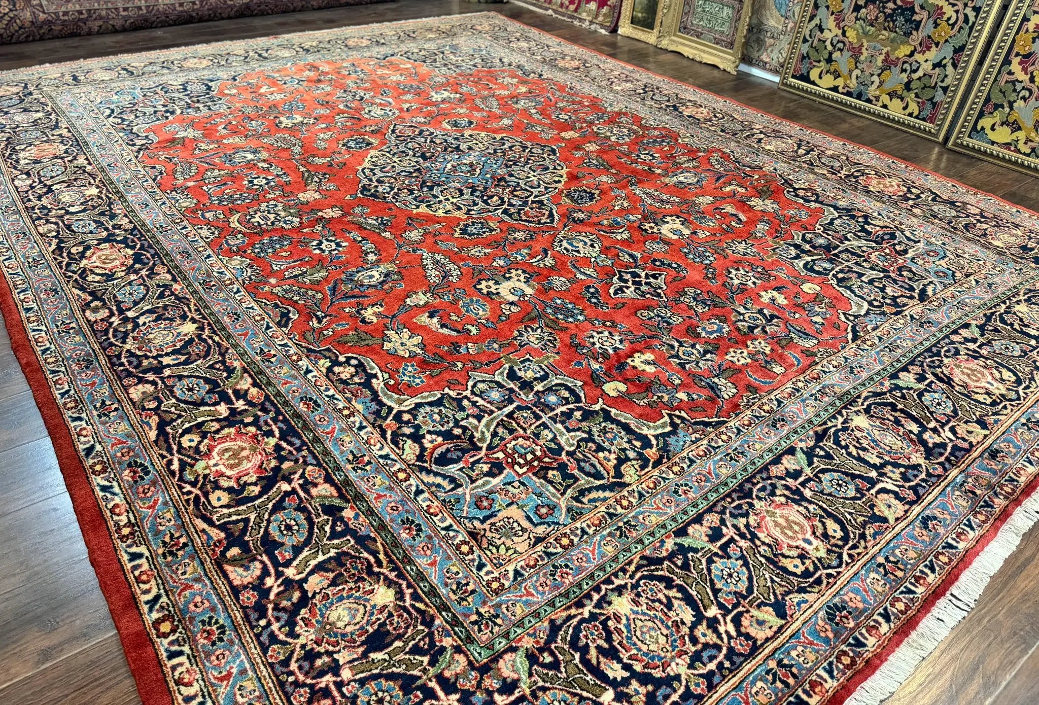 Red Persian Kashan Rug 10x14, Hand-Knotted Semi Antique Floral Medallion Handmade Wool Carpet, Red & Navy Blue by Jewel Rugs